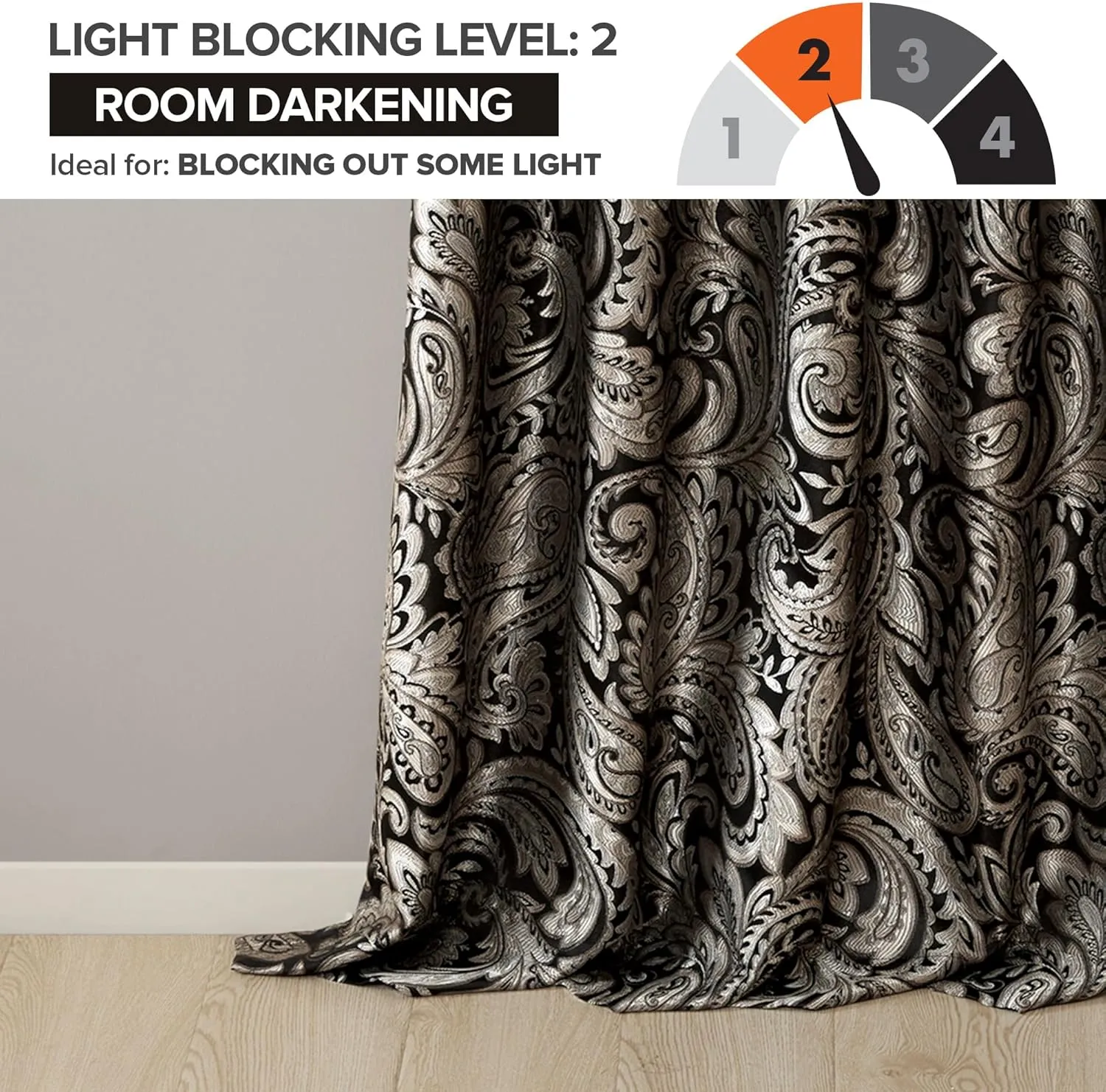 Madison Park Aubrey 2 Panel Curtain Faux Silk Paisley Jacquard, Rod Pocket Curtain For Living Room, Kitchen, Room Darkening Window Drape for Bedroom and Dorm, 2-PK 50x84", Black