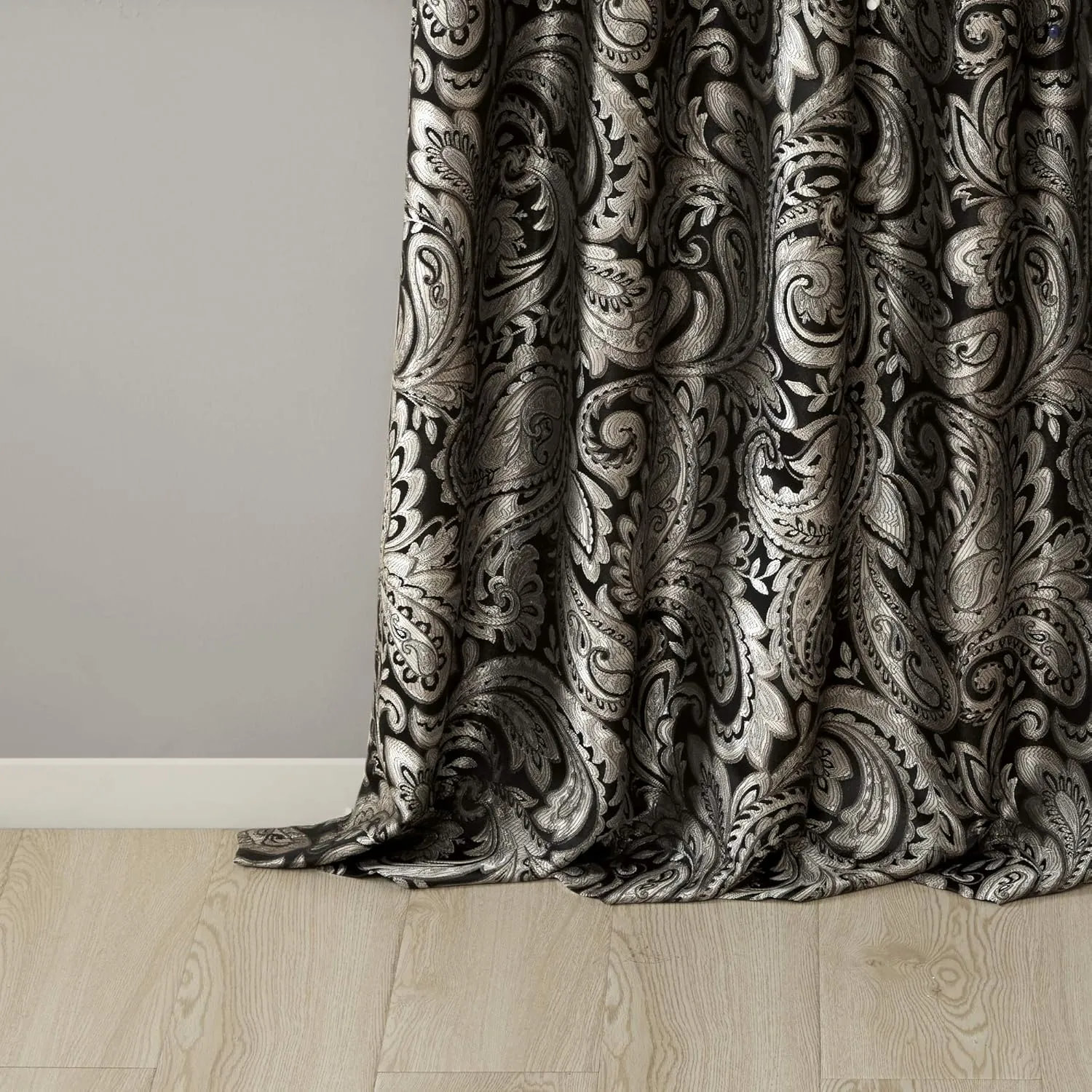 Madison Park Aubrey 2 Panel Curtain Faux Silk Paisley Jacquard, Rod Pocket Curtain For Living Room, Kitchen, Room Darkening Window Drape for Bedroom and Dorm, 2-PK 50x84", Black
