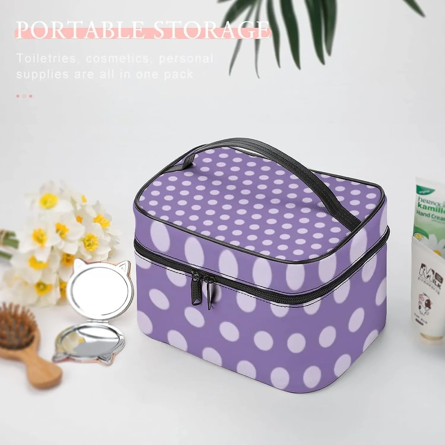 Makeup Bag, Lavender Polka Dots Travel Cosmetic Bag Makeup Organizer Case Large Capacity Portable Zipper Toiletry Bag Travel Organizer Accessories