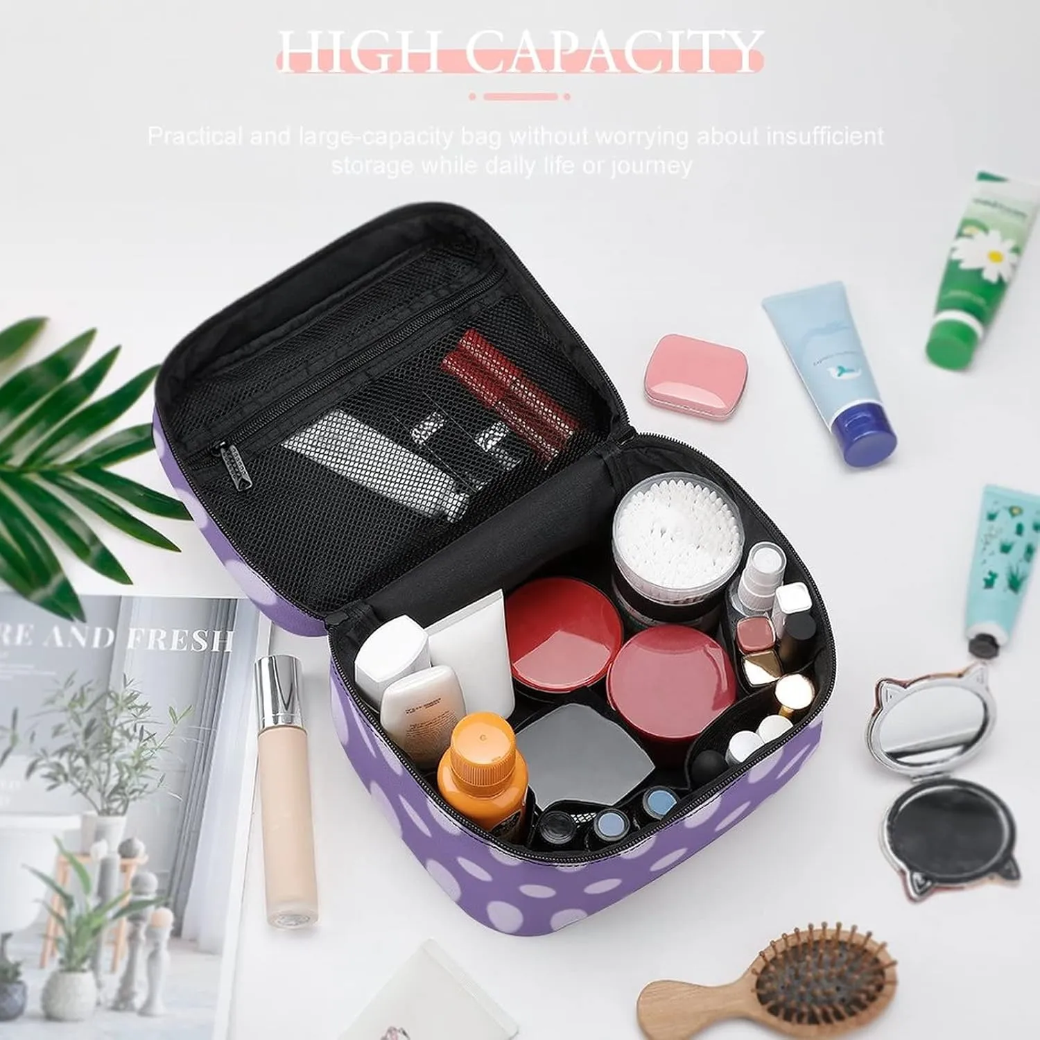 Makeup Bag, Lavender Polka Dots Travel Cosmetic Bag Makeup Organizer Case Large Capacity Portable Zipper Toiletry Bag Travel Organizer Accessories
