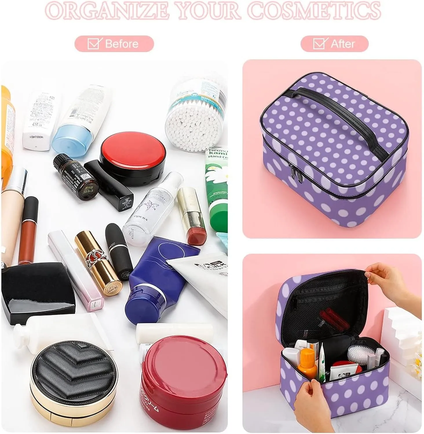 Makeup Bag, Lavender Polka Dots Travel Cosmetic Bag Makeup Organizer Case Large Capacity Portable Zipper Toiletry Bag Travel Organizer Accessories