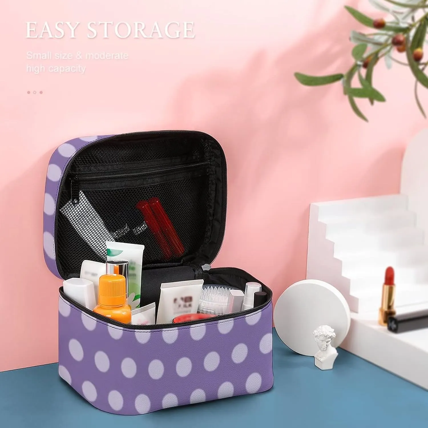 Makeup Bag, Lavender Polka Dots Travel Cosmetic Bag Makeup Organizer Case Large Capacity Portable Zipper Toiletry Bag Travel Organizer Accessories