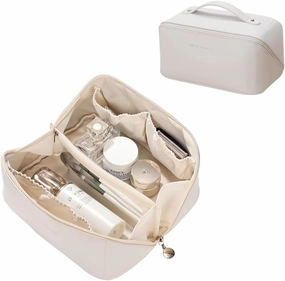 Makeup Bag Large Travel Cosmetic Bag Make up Bags with Compartments Waterproof PU Leather Travel Makeup Organizer and Storage Toiletry Bags for Traveling Women Skincare Bag White