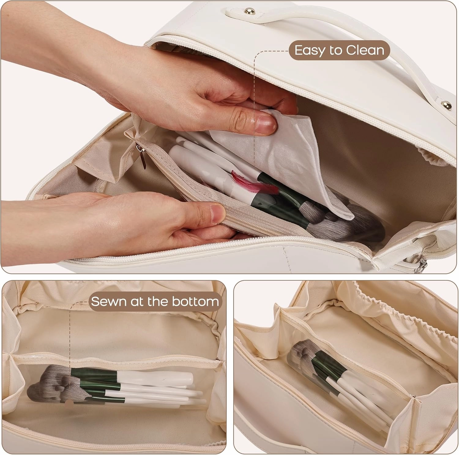 Makeup Bag Large Travel Cosmetic Bag Make up Bags with Compartments Waterproof PU Leather Travel Makeup Organizer and Storage Toiletry Bags for Traveling Women Skincare Bag White