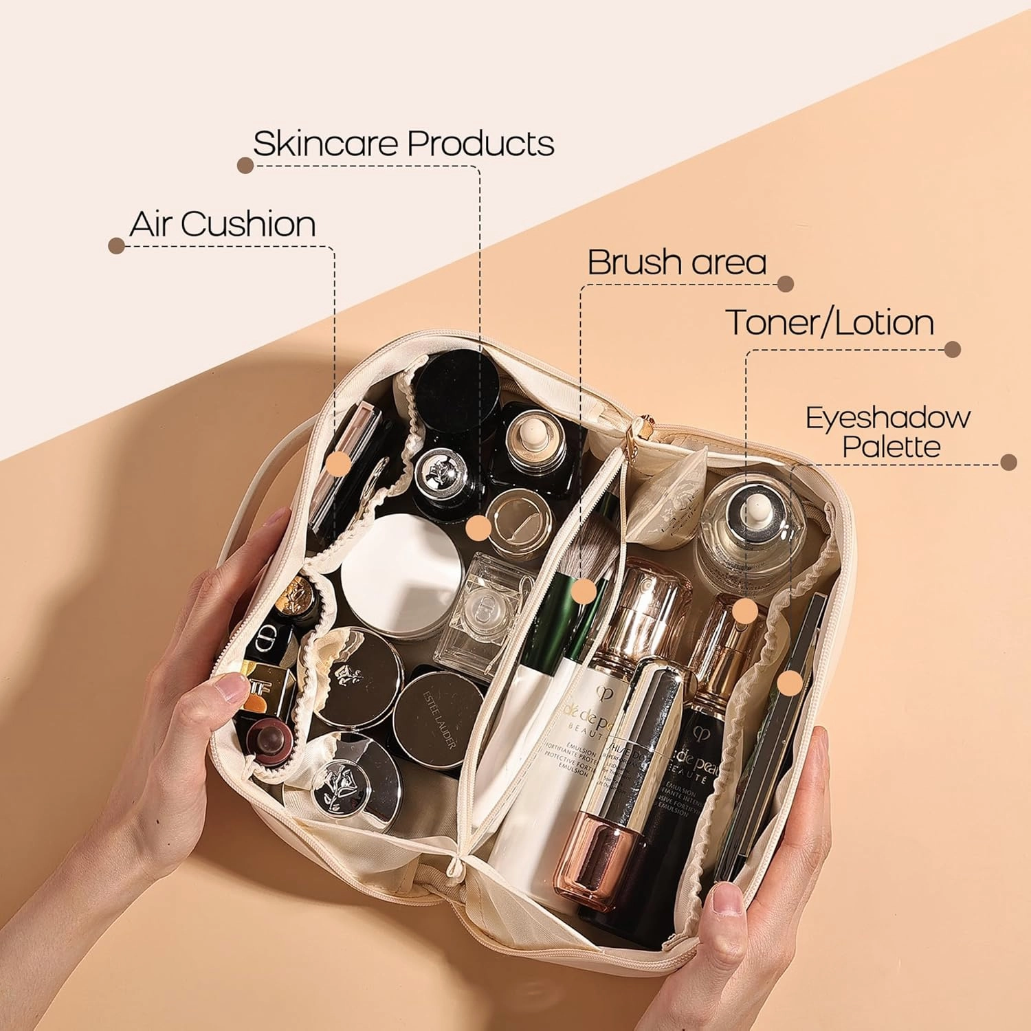 Makeup Bag Large Travel Cosmetic Bag Make up Bags with Compartments Waterproof PU Leather Travel Makeup Organizer and Storage Toiletry Bags for Traveling Women Skincare Bag White