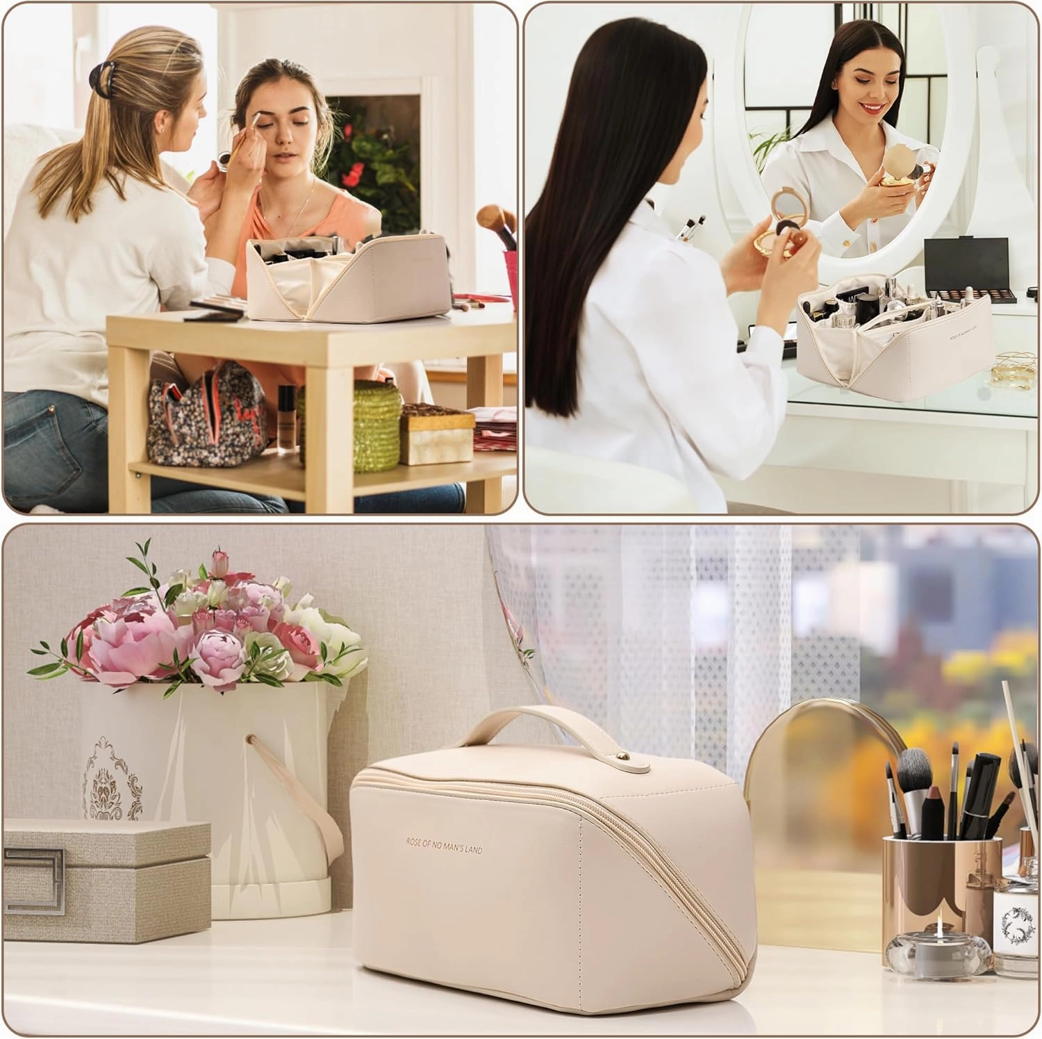 Makeup Bag Large Travel Cosmetic Bag Make up Bags with Compartments Waterproof PU Leather Travel Makeup Organizer and Storage Toiletry Bags for Traveling Women Skincare Bag White