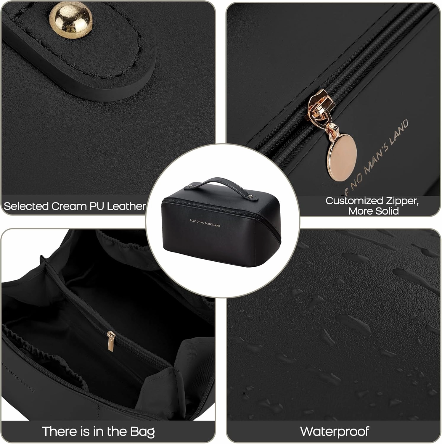Makeup Bag Large Travel Cosmetic Bags for Women Waterproof PU Leather Makeup Organizer Bag with Handle and Divider for Storage Toiletry Bag Travel Essentials Cosmetic Pouch Black