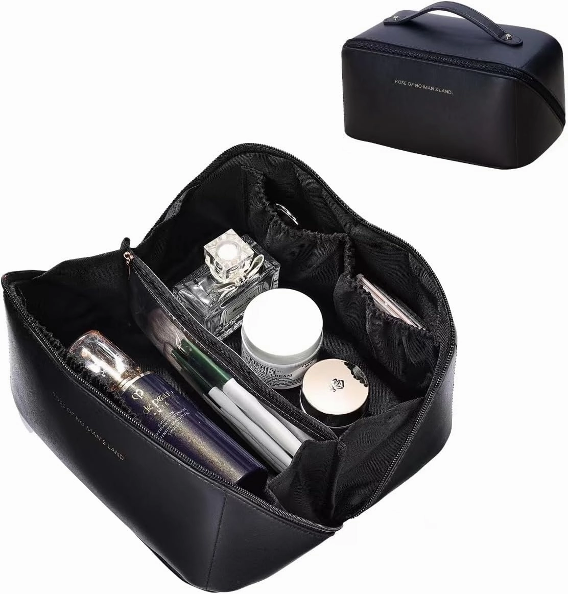 Makeup Bag Large Travel Cosmetic Bags for Women Waterproof PU Leather Makeup Organizer Bag with Handle and Divider for Storage Toiletry Bag Travel Essentials Cosmetic Pouch Black
