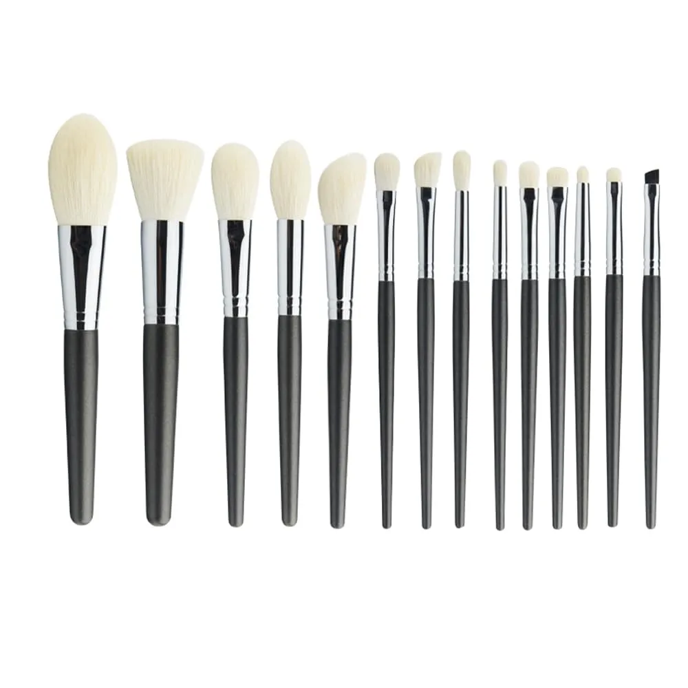 Master Level Premium Real Natural Wool Makeup Brush Set Goat Hair Makeup Brushes 14 Pcs with Beech Wood Brush Handle, Foundation Concealer Blush Eyeshadow Brush Portable