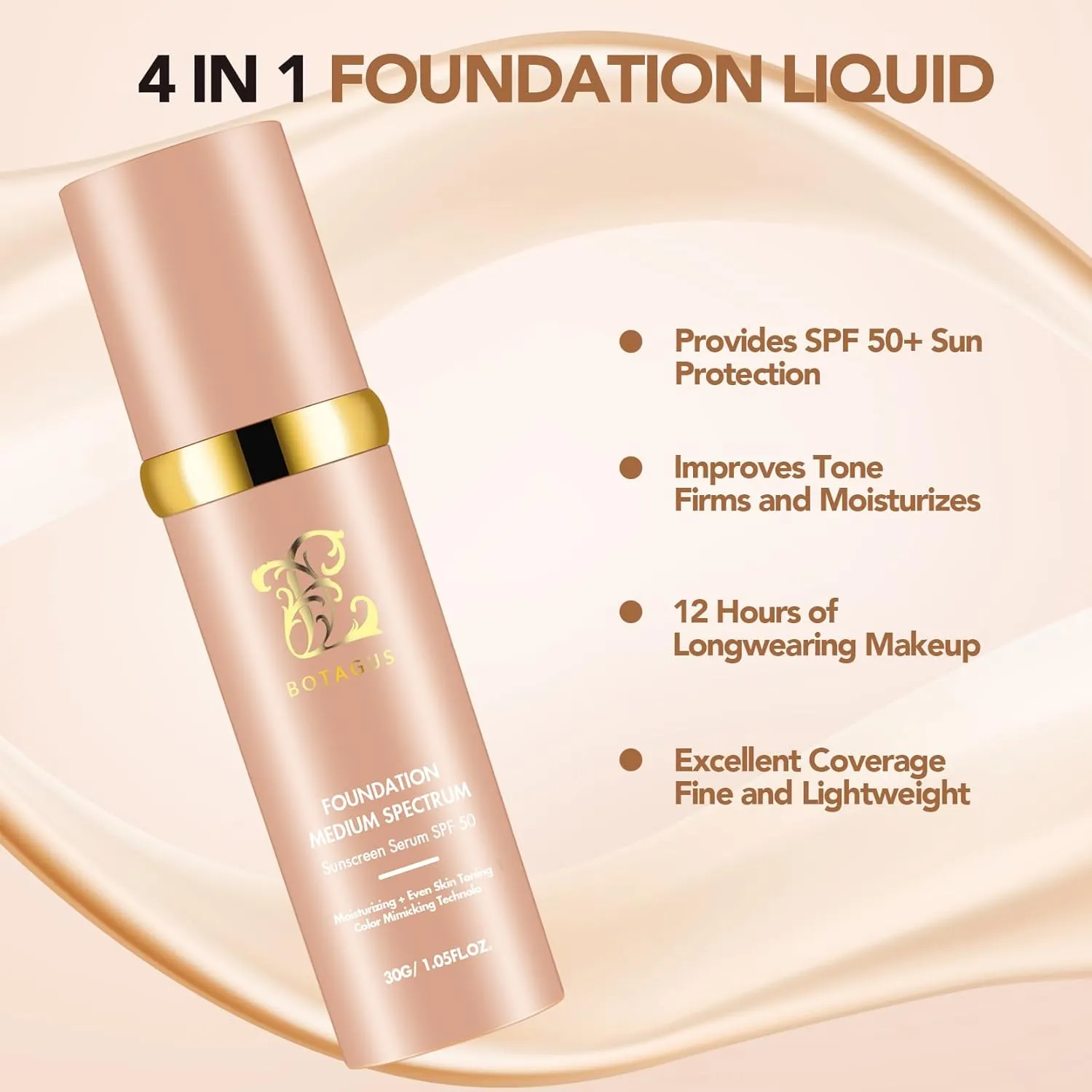 Match Cosmetics Foundation 4 in 1-Medium Spectrum,4 in 1 Cosmetics Foundation Liquid with SPF 50 , Concealer Cosmetic Lightweight Makeup, Longwearing & Waterproof for Makeup