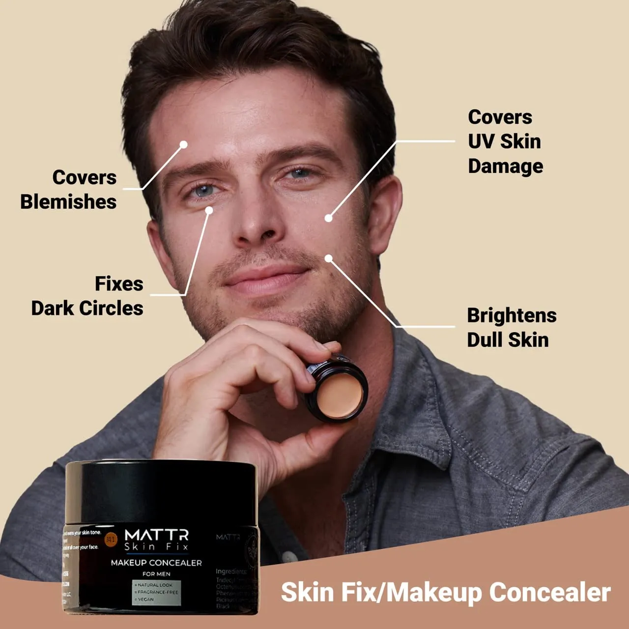 MATTR Skin Fix - Luxury - Easy for Men - Tinted Concealer - Visibly Covers Fine Lines, Under-Eye Bags, Razor Burns, Pimples - Vegan Makeup - Perfect for Gym Bag or Travel - 15g (L1)
