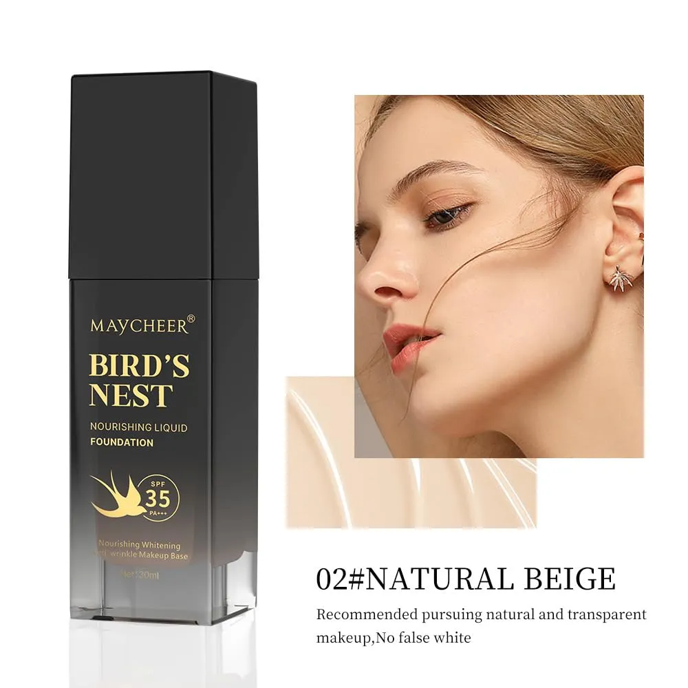 MAYCHERR Bird's Nest nourishing foundation liquid concealer modify skin color waterproof and moisturizing (02# NATURAL BEIGE, 1)