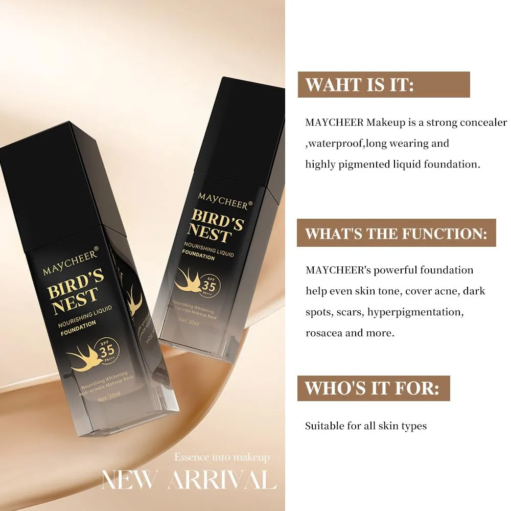MAYCHERR Bird's Nest nourishing foundation liquid concealer modify skin color waterproof and moisturizing (02# NATURAL BEIGE, 1)