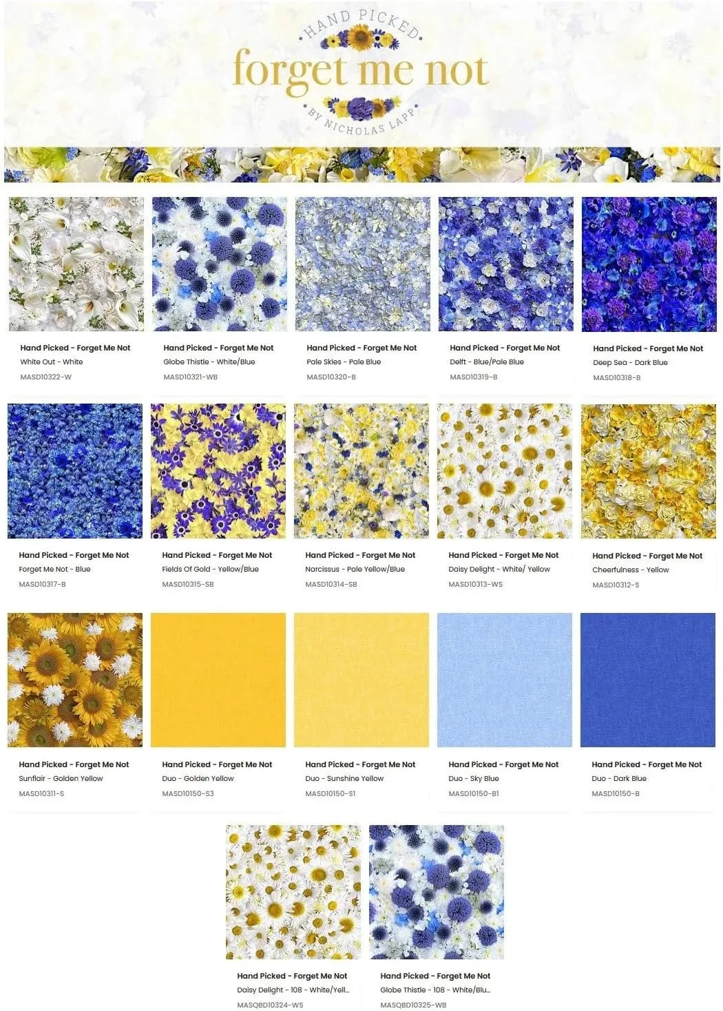 Maywood Studio Hand Picked Forget Me Not Duo, Fabric by The Yard (Golden Yellow)