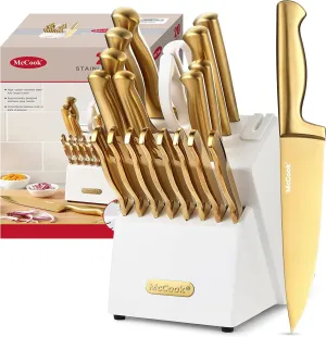 McCook® Kitchen Knife Sets, Golden Titanium Stainless Steel Knives Block Set with Built-in Sharpener