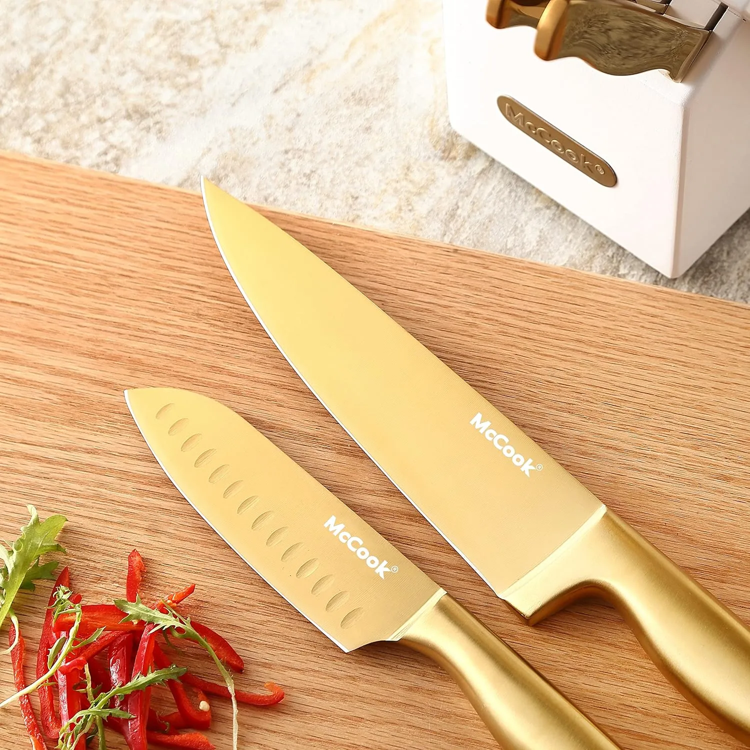 McCook® Kitchen Knife Sets, Golden Titanium Stainless Steel Knives Block Set with Built-in Sharpener