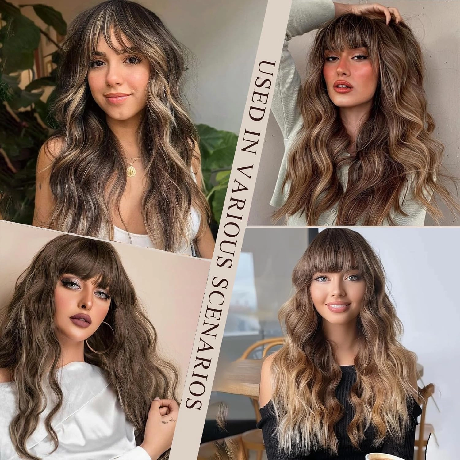 MERISIHAIR Light Brown wavy wig with Bangs for long Women Brown and Blonde Wavy Hair Wigs Ombre Highlight Ash Brown Mixed Golden Blonde Curly Wavy Wig for Party Daily Use 26inch