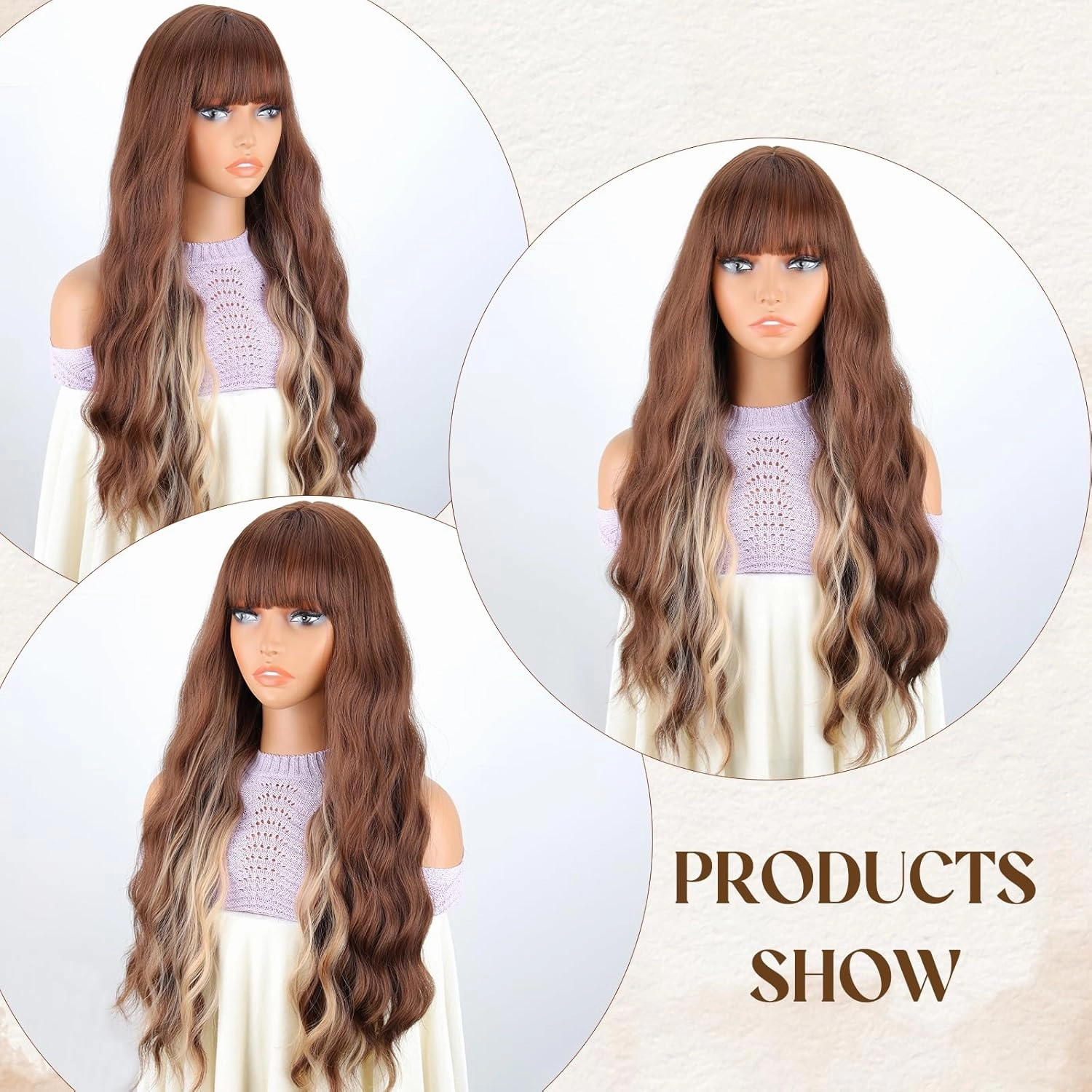 MERISIHAIR Light Brown wavy wig with Bangs for long Women Brown and Blonde Wavy Hair Wigs Ombre Highlight Ash Brown Mixed Golden Blonde Curly Wavy Wig for Party Daily Use 26inch