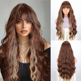 MERISIHAIR Light Brown wavy wig with Bangs for long Women Brown and Blonde Wavy Hair Wigs Ombre Highlight Ash Brown Mixed Golden Blonde Curly Wavy Wig for Party Daily Use 26inch