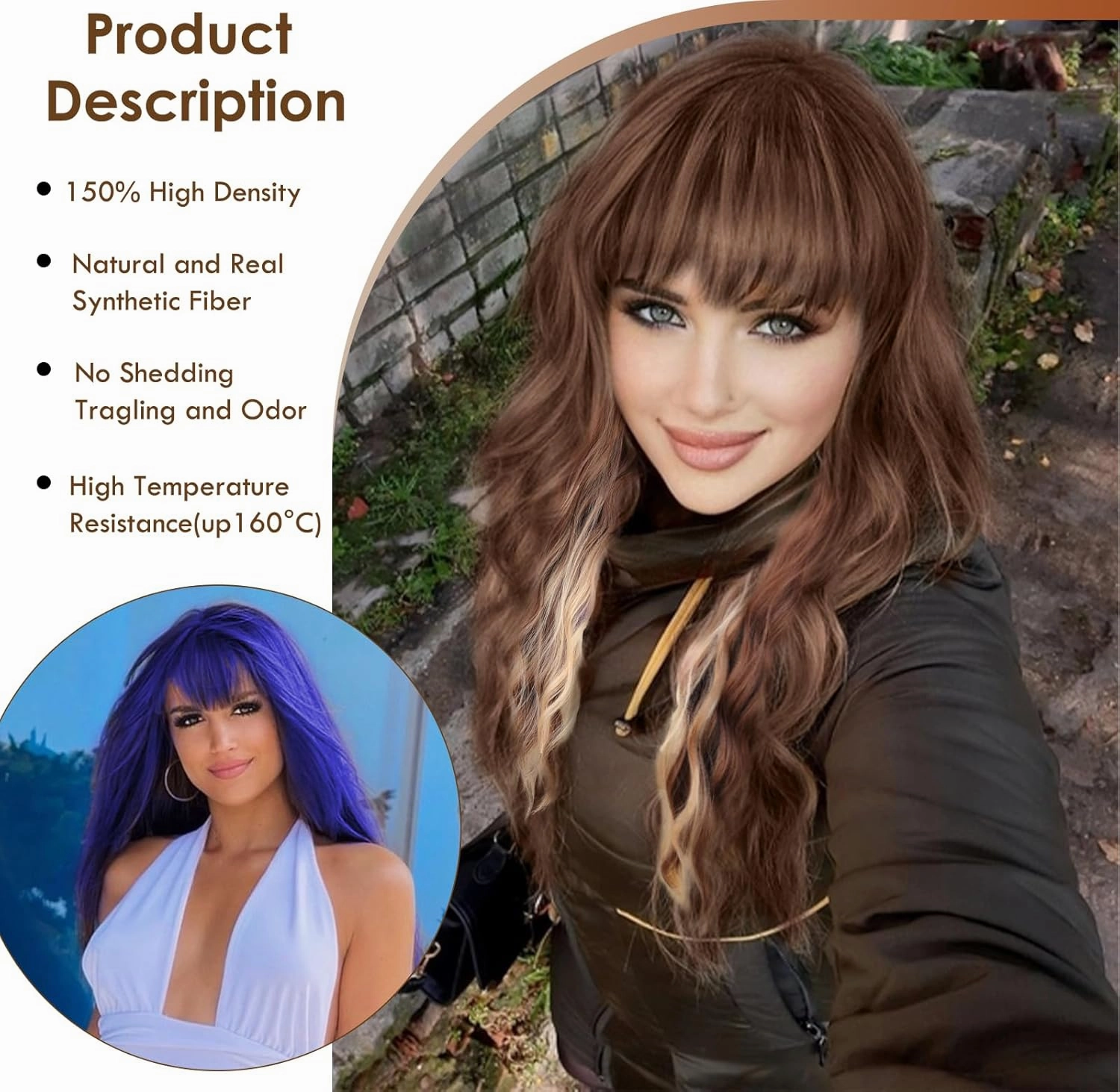MERISIHAIR Light Brown wavy wig with Bangs for long Women Brown and Blonde Wavy Hair Wigs Ombre Highlight Ash Brown Mixed Golden Blonde Curly Wavy Wig for Party Daily Use 26inch