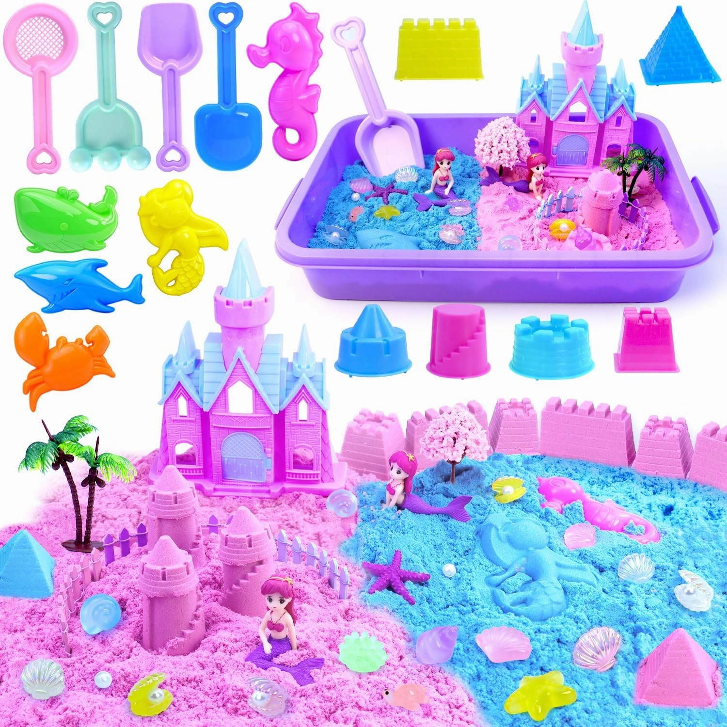 Mermaid Sensory Bin Kinetic Sand Playset Fine Motor Skills Montessori Sand Toys with 2.2 lbs Sand & Castle Molds & Sand Shovel Tools,Ocean Theme Educational Toys for Aged 3-8 Girls Birthday Gifts