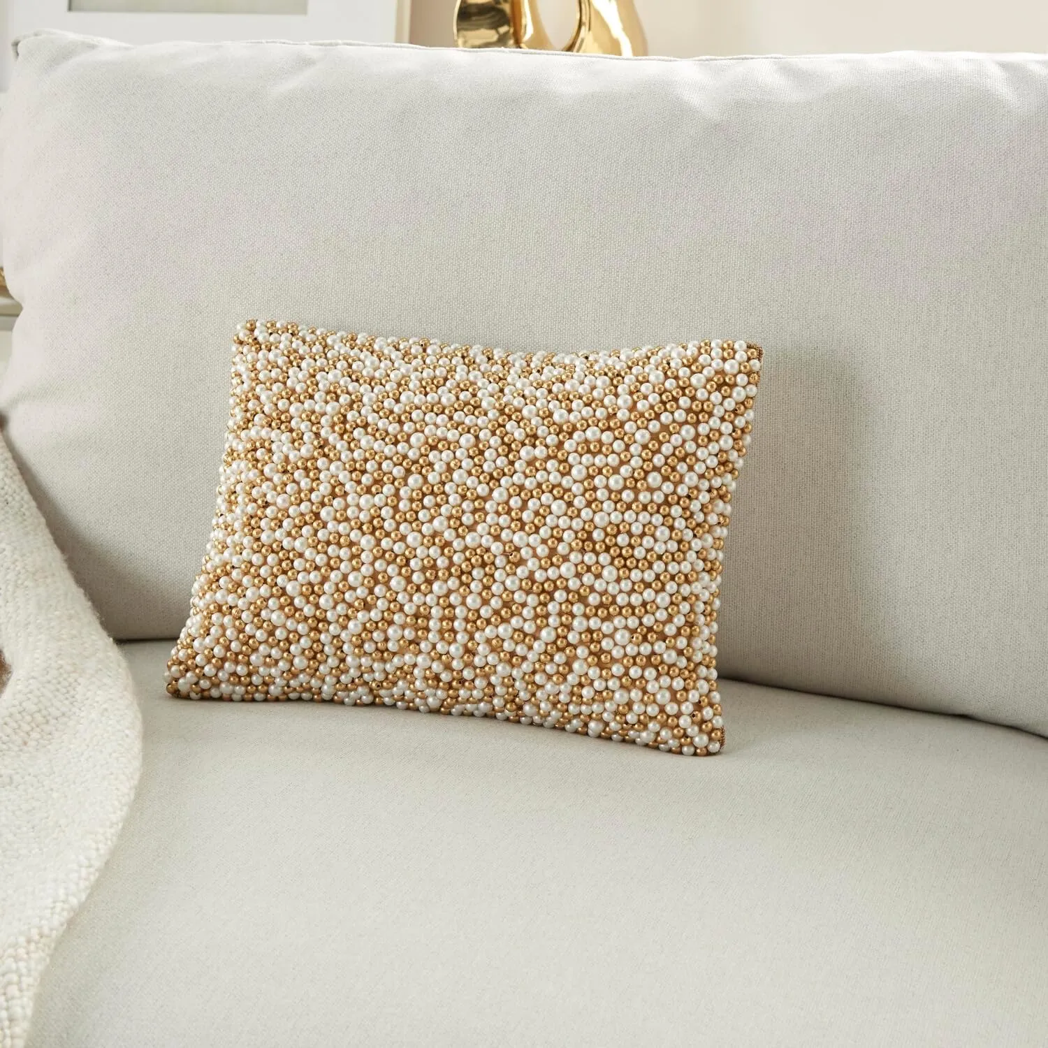 Mina Victory Luminescence Fully Beaded Pearls Ivory Gold 10" X 14" Throw Pillow