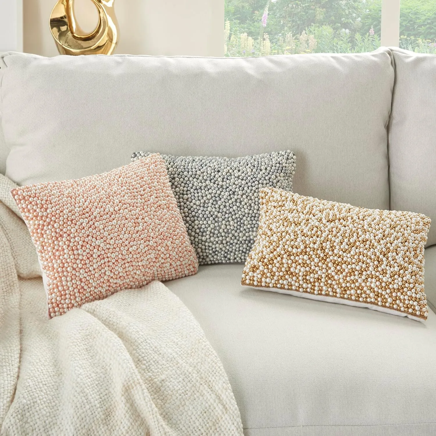 Mina Victory Luminescence Fully Beaded Pearls Ivory Gold 10" X 14" Throw Pillow