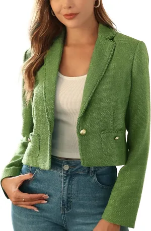 M.Infisavo Women's Crop Tweed Blazer 2025 Fashion Elegant Notch Lapel Open Front Cardigan Casual Office Jacket Pockets