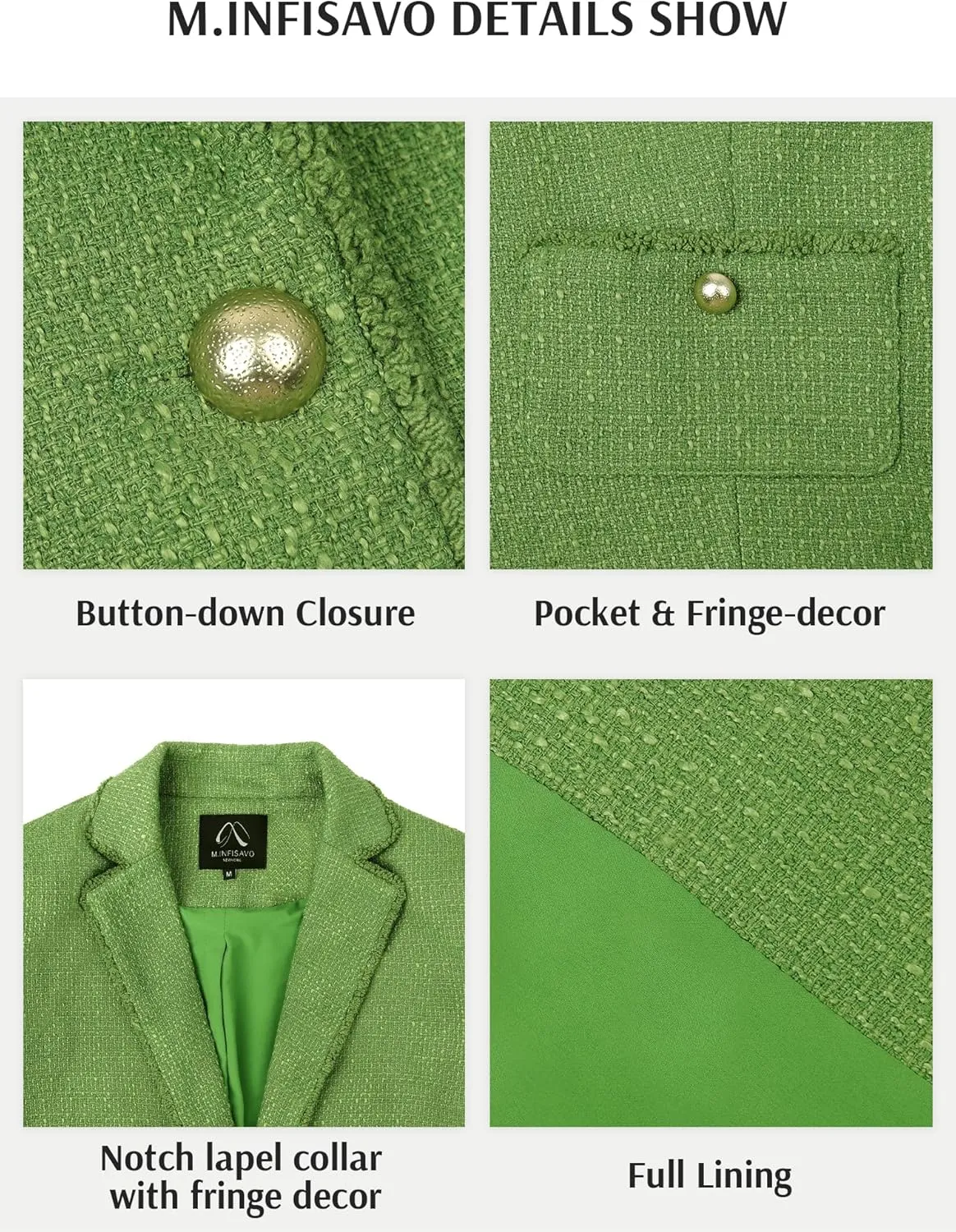 M.Infisavo Women's Crop Tweed Blazer 2025 Fashion Elegant Notch Lapel Open Front Cardigan Casual Office Jacket Pockets