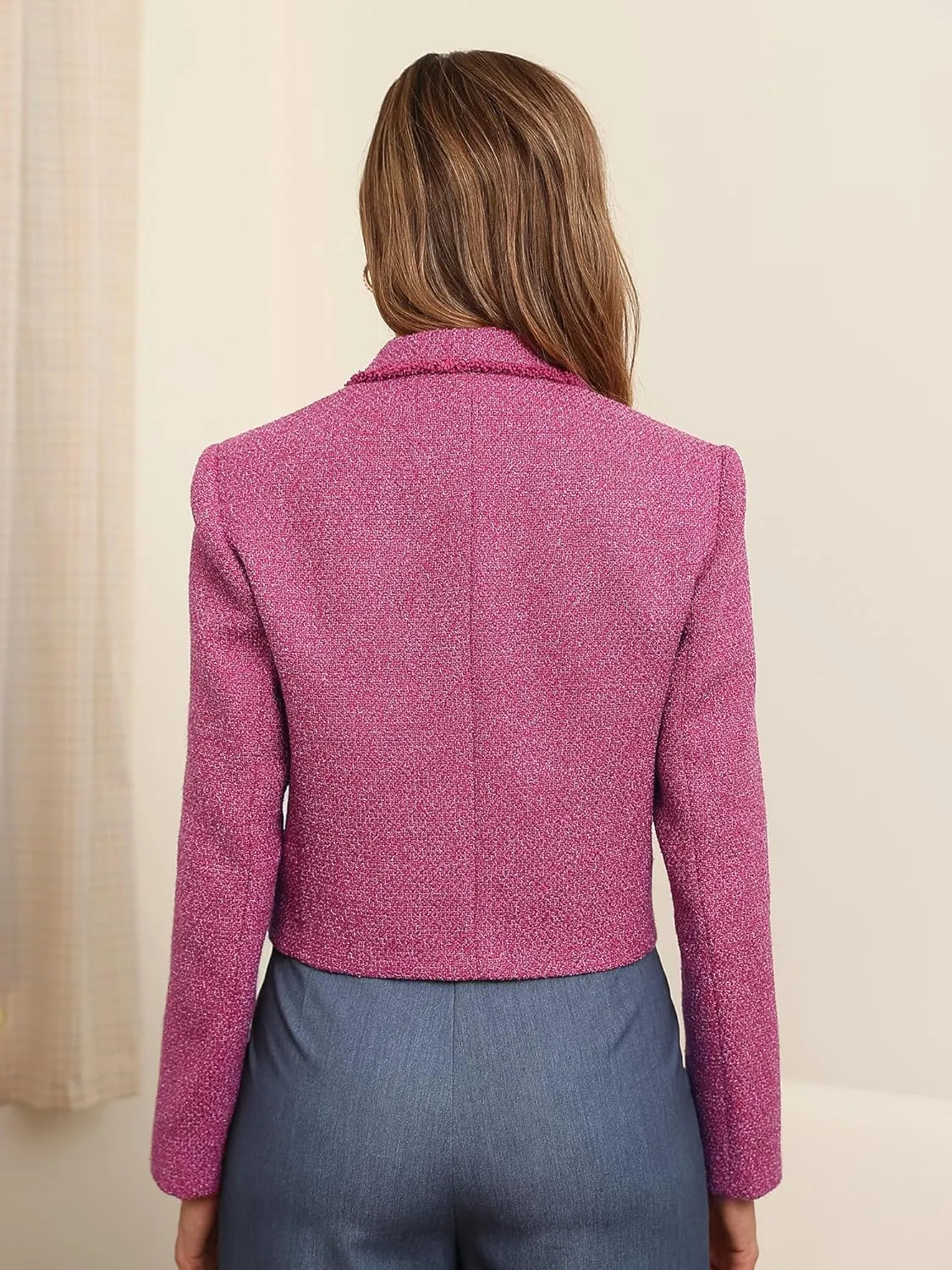 M.Infisavo Women's Crop Tweed Blazer 2025 Fashion Elegant Notch Lapel Open Front Cardigan Casual Office Jacket Pockets