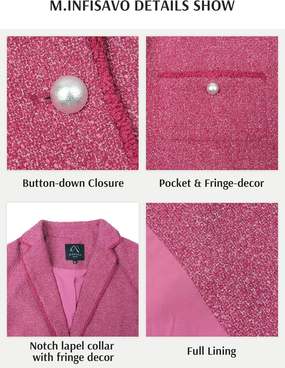 M.Infisavo Women's Crop Tweed Blazer 2025 Fashion Elegant Notch Lapel Open Front Cardigan Casual Office Jacket Pockets
