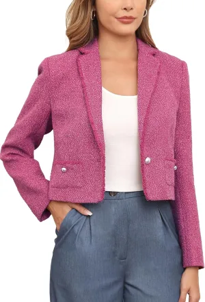 M.Infisavo Women's Crop Tweed Blazer 2025 Fashion Elegant Notch Lapel Open Front Cardigan Casual Office Jacket Pockets