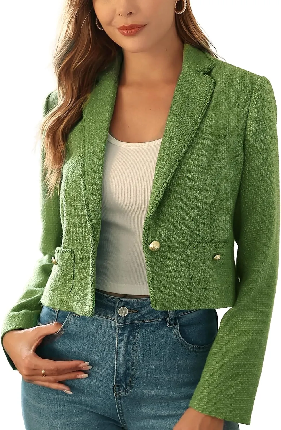 M.Infisavo Women's Crop Tweed Blazer 2025 Fashion Elegant Notch Lapel Open Front Cardigan Casual Office Jacket Pockets
