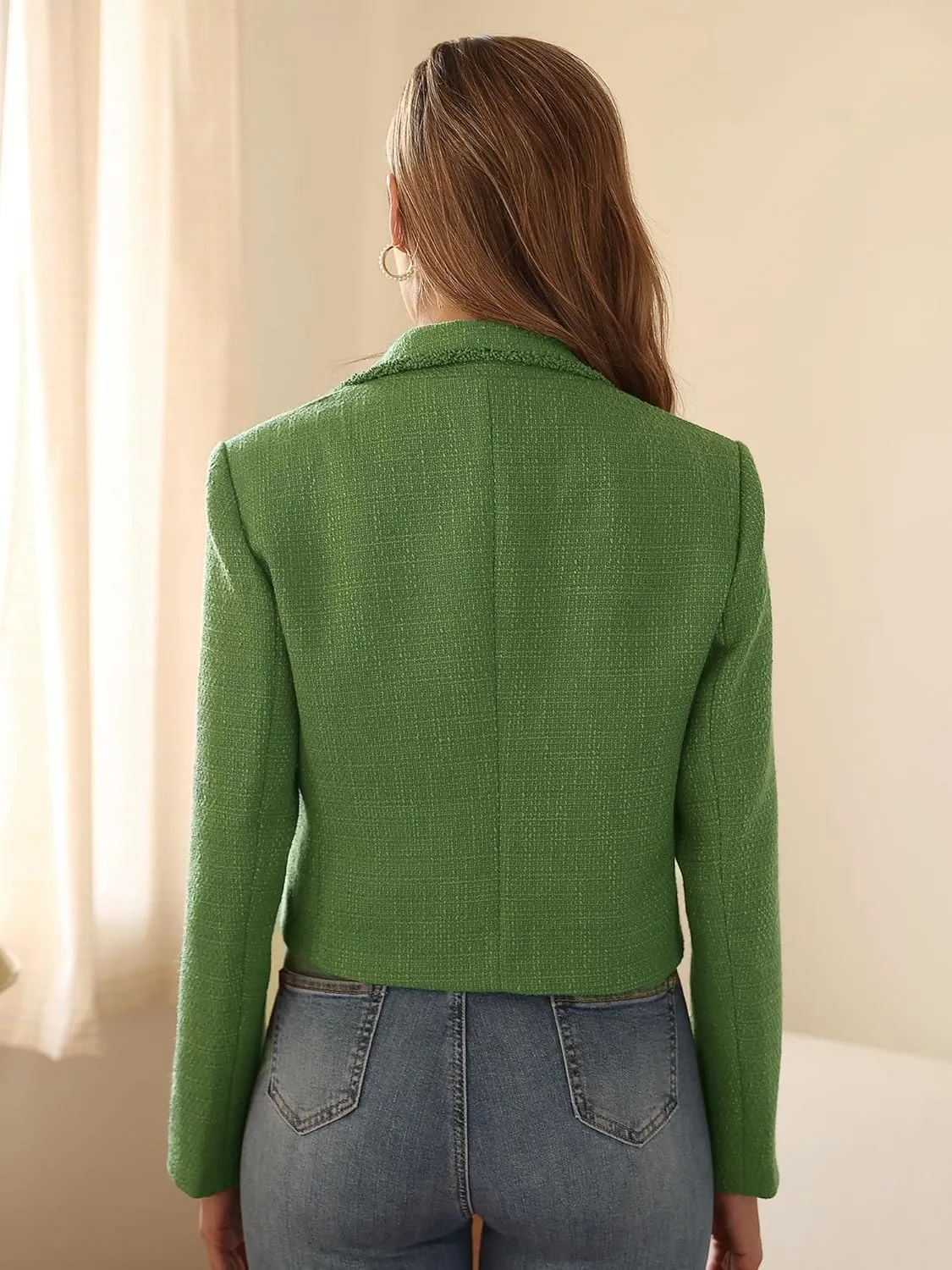 M.Infisavo Women's Crop Tweed Blazer 2025 Fashion Elegant Notch Lapel Open Front Cardigan Casual Office Jacket Pockets