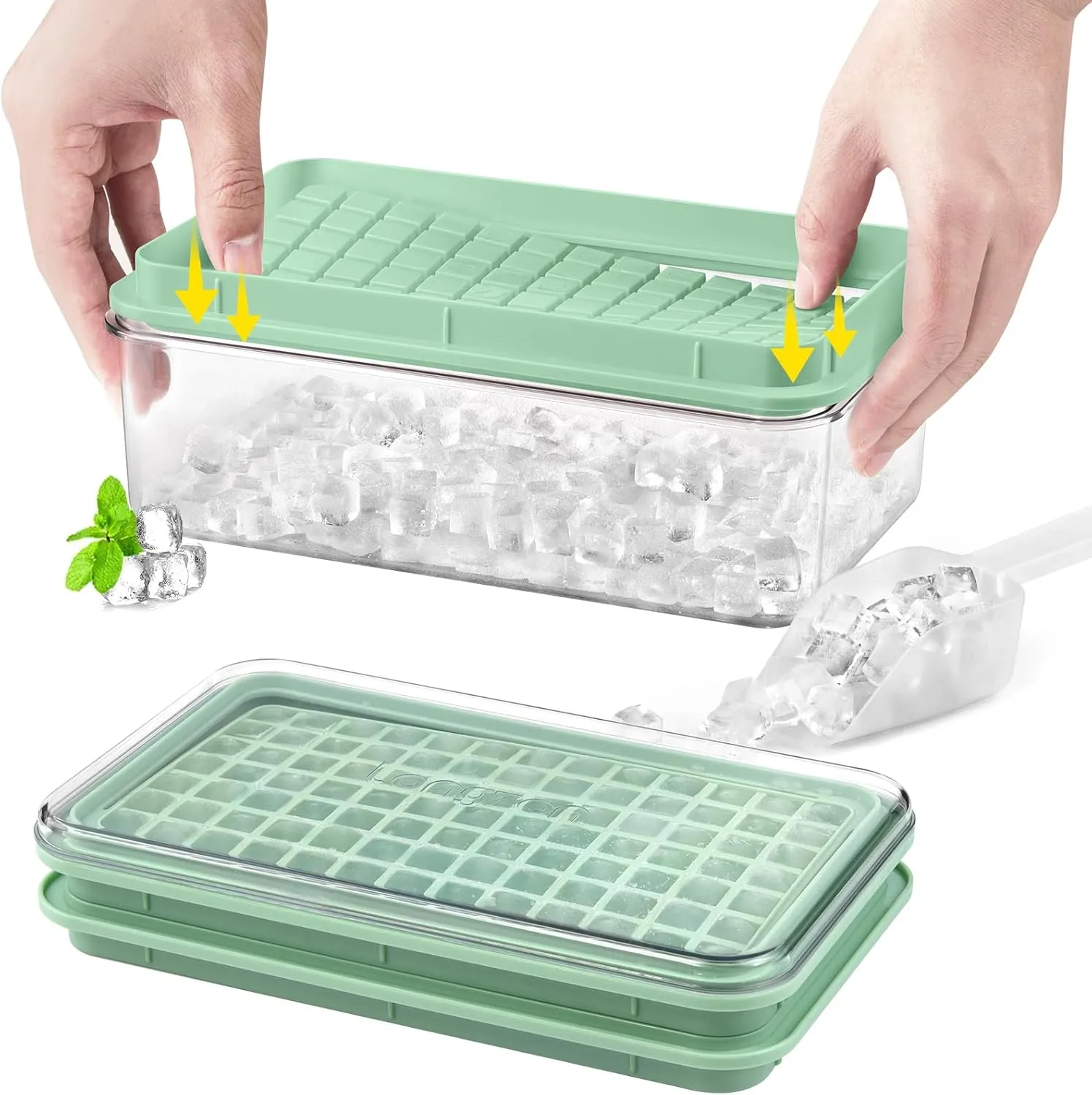 Mini Ice Cube Tray with Lid and Bin, 273 Pcs Small Ice Cube Trays for Freezer, Ice Cube Mold Spill-Resistant Removable Lid&Ice Scoop, Ice Mold for Whiskey Cocktail, Tea,Coffee-Green