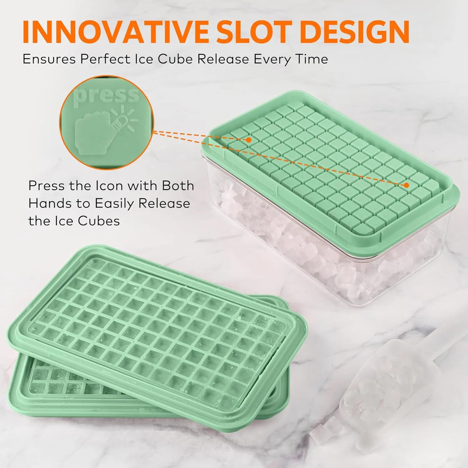 Mini Ice Cube Tray with Lid and Bin, 273 Pcs Small Ice Cube Trays for Freezer, Ice Cube Mold Spill-Resistant Removable Lid&Ice Scoop, Ice Mold for Whiskey Cocktail, Tea,Coffee-Green
