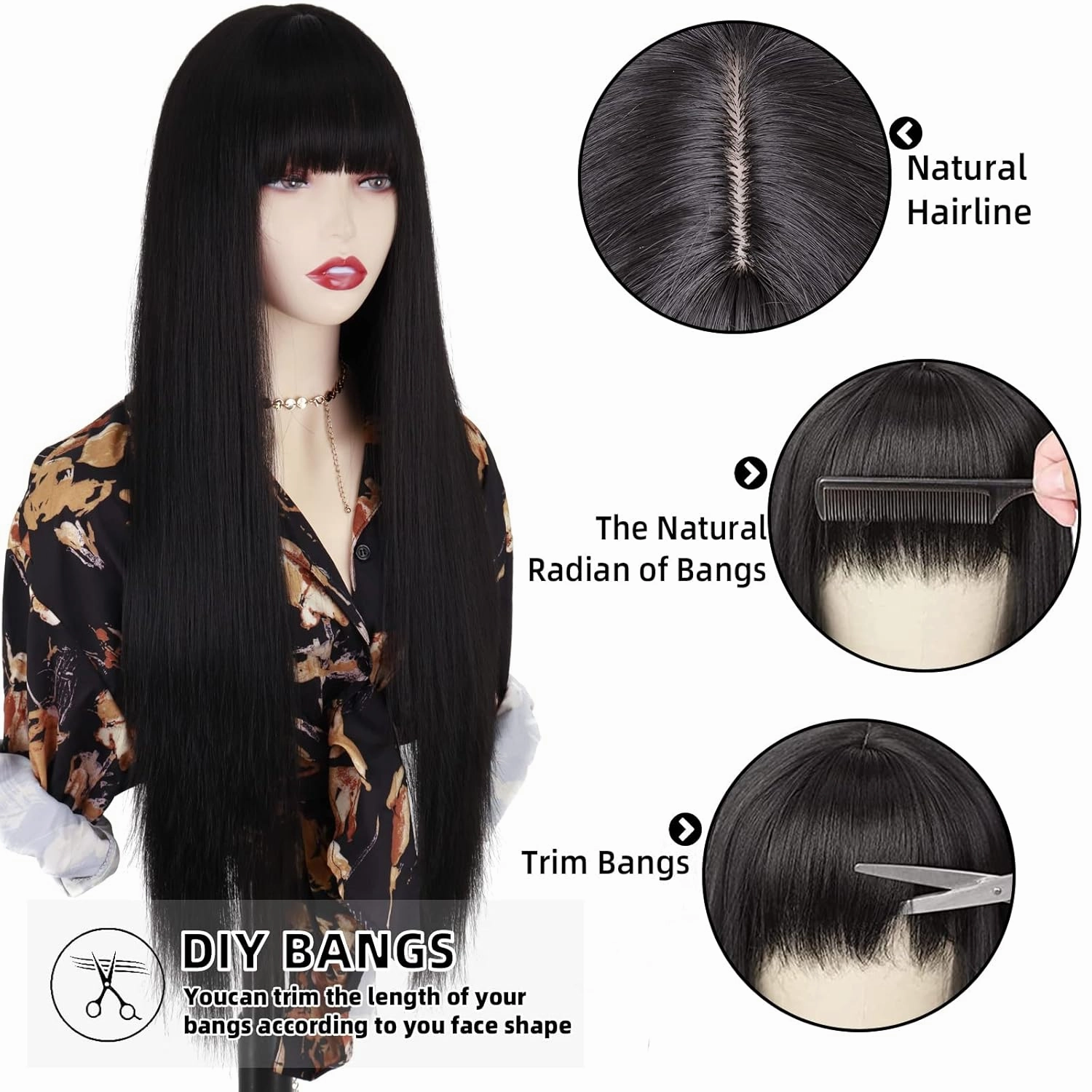 MISSQUEEN Long Black Wigs with Bangs, Straight Black Wigs for Women, Synthetic 30 Inch Long Straight Black Bangs Wig for Daily Wear