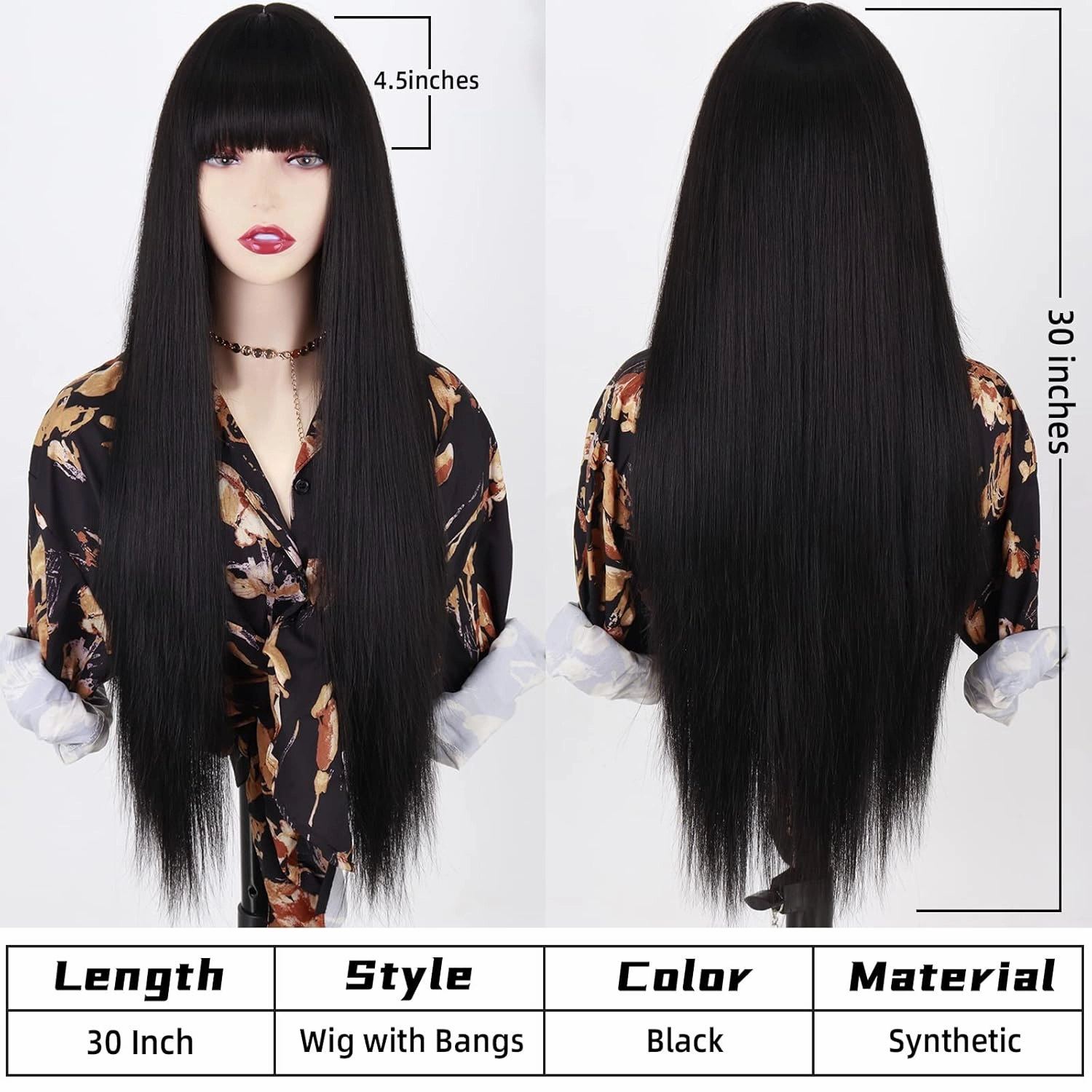 MISSQUEEN Long Black Wigs with Bangs, Straight Black Wigs for Women, Synthetic 30 Inch Long Straight Black Bangs Wig for Daily Wear