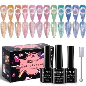 MIZHSE Unicorn Cat Eye Gel Nail Polish 7ml, Pearl Mermaid Cateye Magnetic Gel Polish Kit Pink Blue Soak Off UV LED DIY Manicure Set for Home Salon