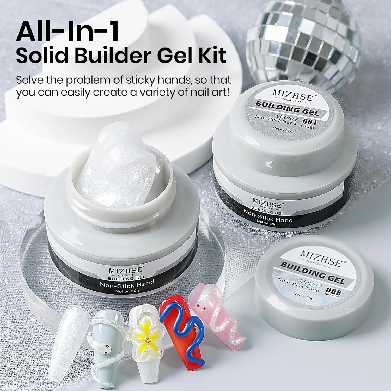 MIZHSE Solid Builder Gel for Nails Kit: 2PCS 30g 3D Pearl White & Clear Hard Gel for Nailswith Nail Forms 3D Silicone Mold Soak off U V LED Builder Gels for Extension Home Manicure