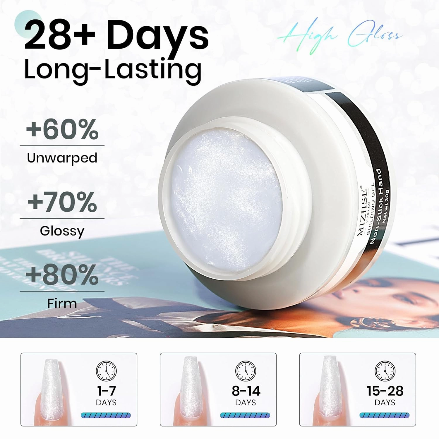 MIZHSE Solid Builder Gel for Nails Kit: 2PCS 30g 3D Pearl White & Clear Hard Gel for Nailswith Nail Forms 3D Silicone Mold Soak off U V LED Builder Gels for Extension Home Manicure