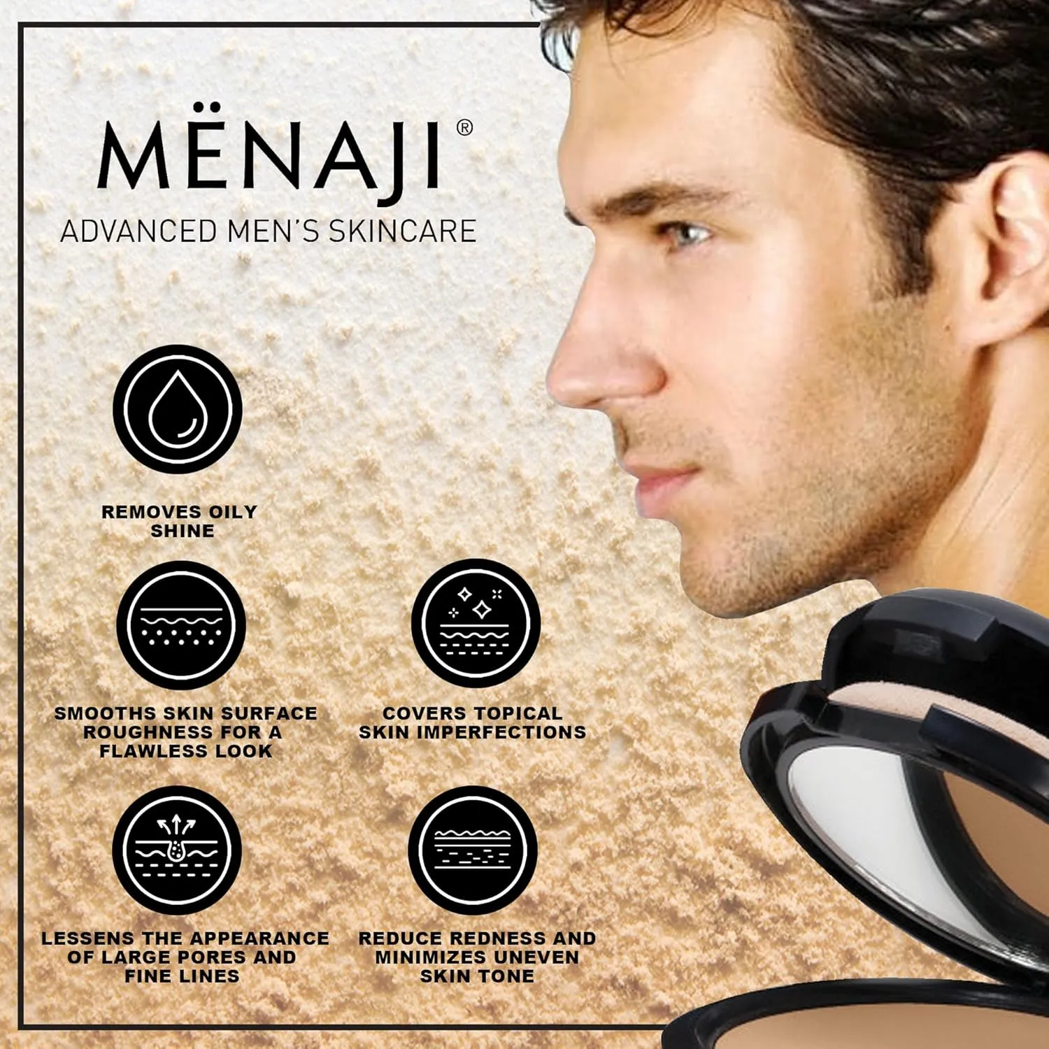 MËNAJI Anti-Shine Powder (HDPV) - Anti-Shine Face Make-Up for Men - Natural Looking Makeup - Mens Cosmetics - Medium