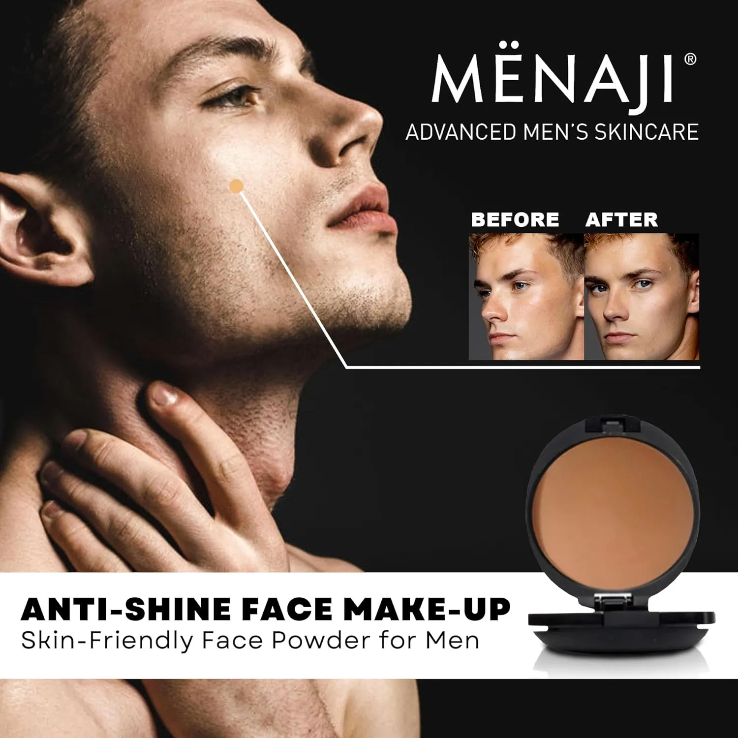 MËNAJI Anti-Shine Powder (HDPV) - Anti-Shine Face Make-Up for Men - Natural Looking Makeup - Mens Cosmetics - Medium