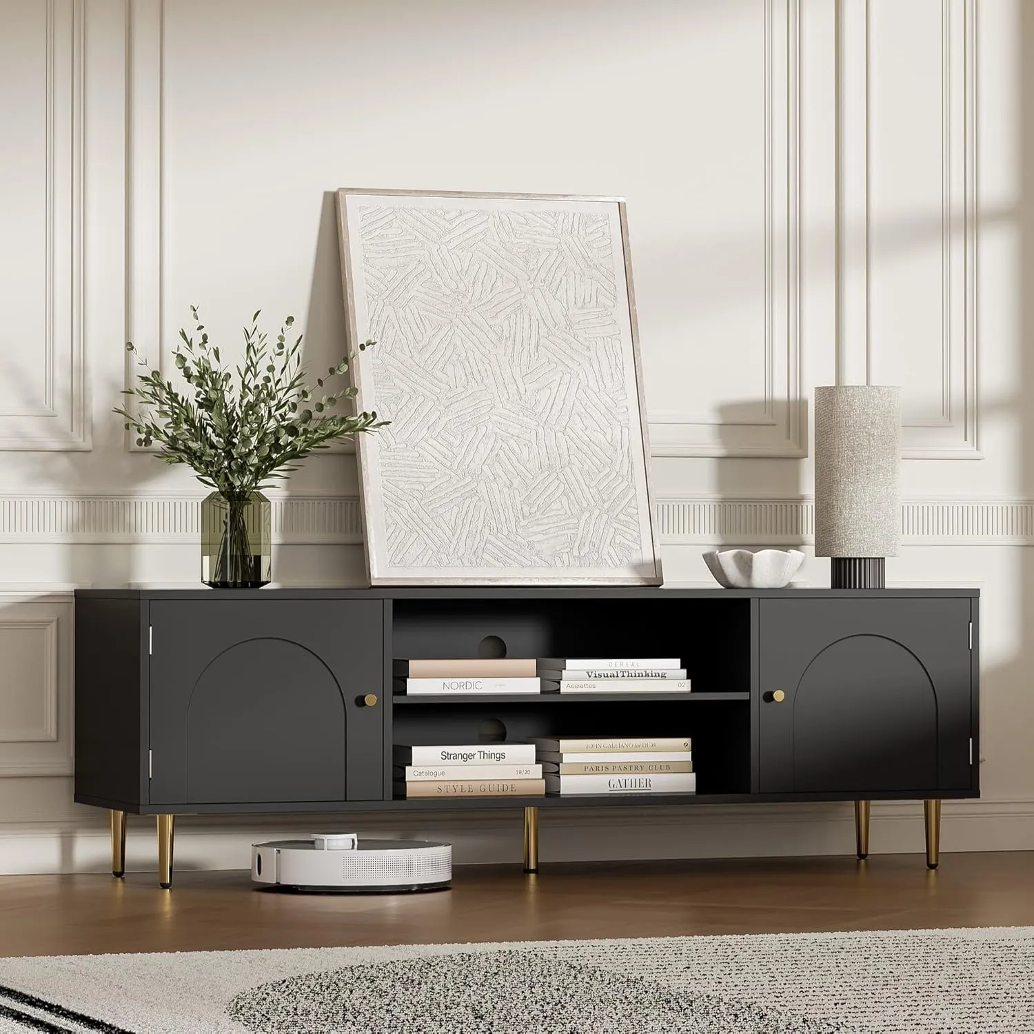 Modern TV Stand for 50/55/60 inch TV, TV Stand with Doors, Entertainment Center with Adjustable Shelf and Storage Cabinets, TV Media Console for Living Room, Bedroom, Black