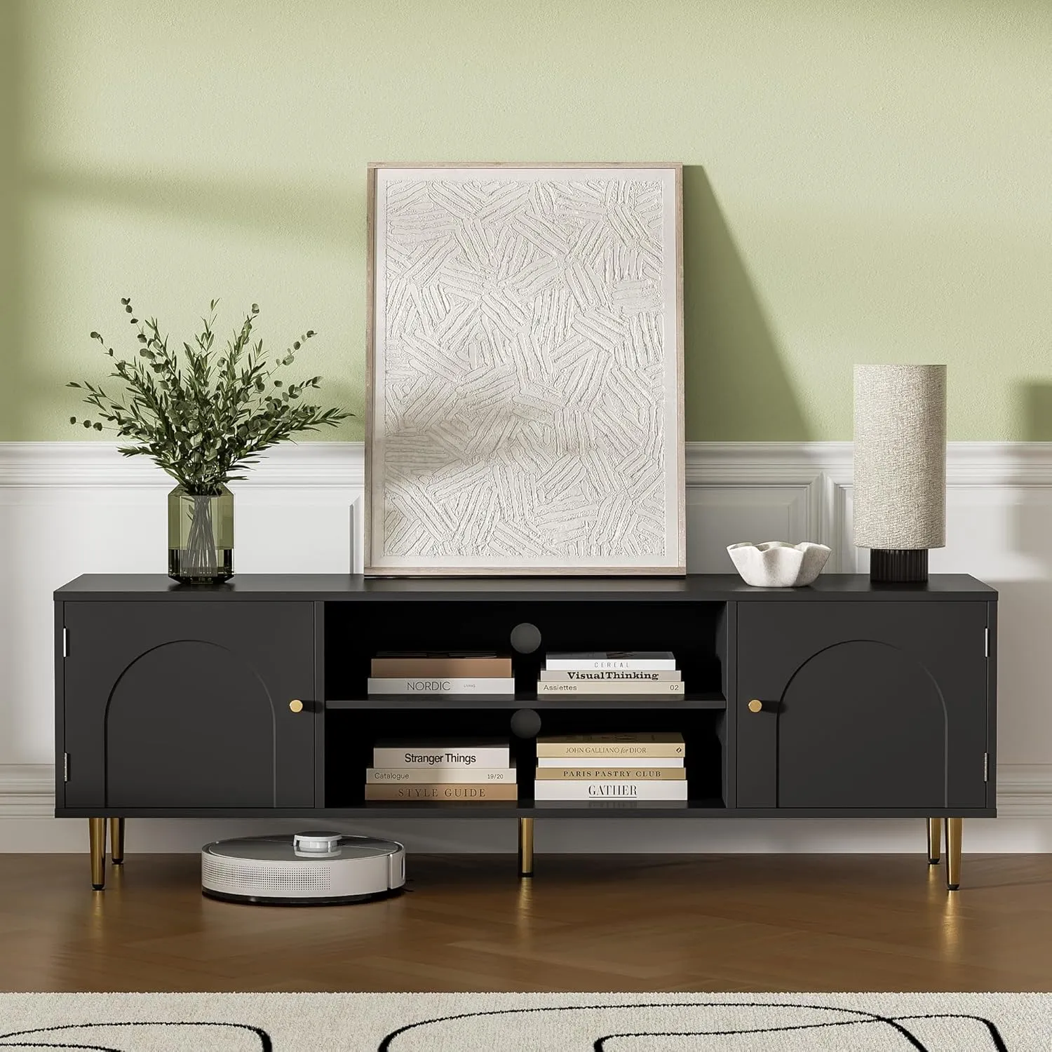 Modern TV Stand for 50/55/60 inch TV, TV Stand with Doors, Entertainment Center with Adjustable Shelf and Storage Cabinets, TV Media Console for Living Room, Bedroom, Black