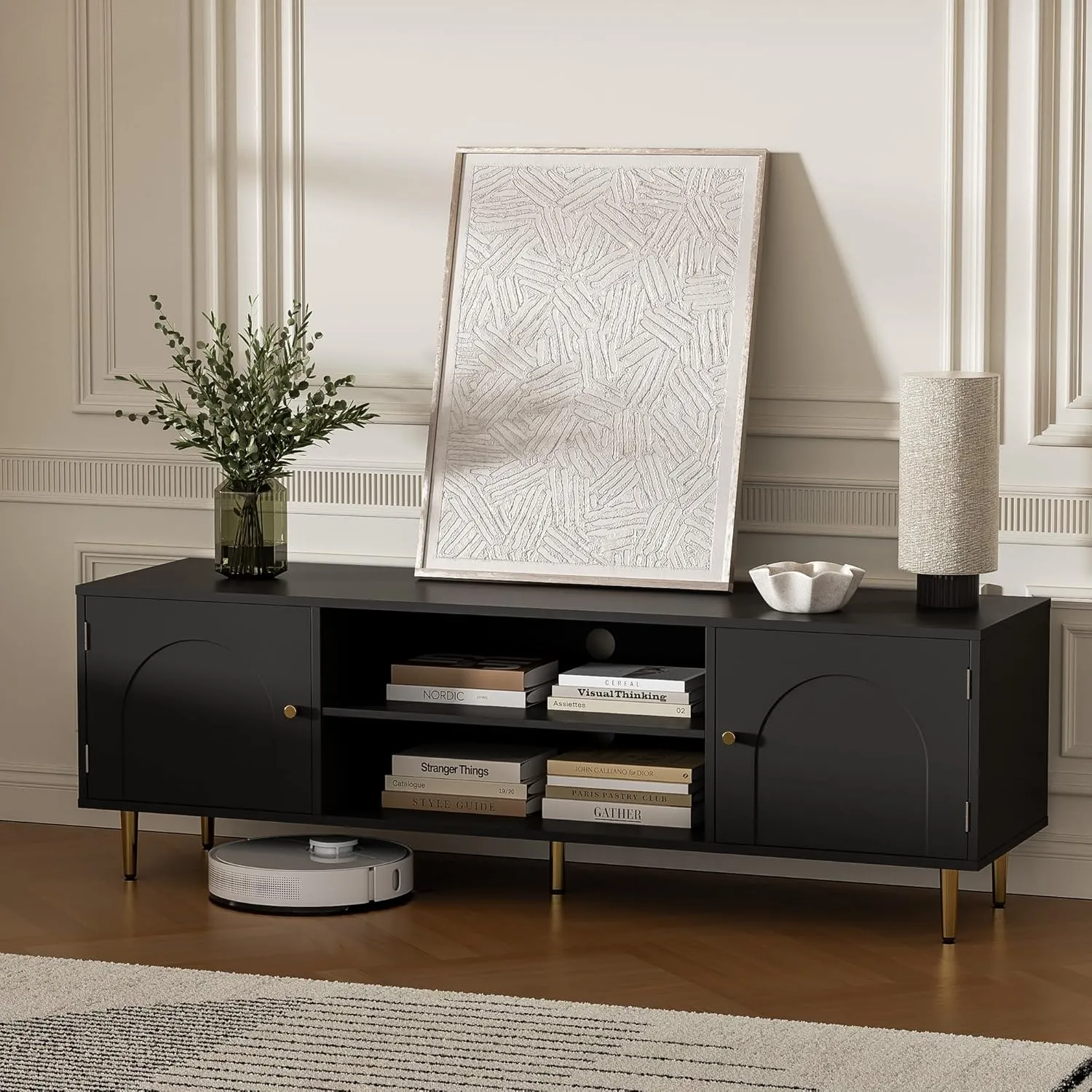 Modern TV Stand for 50/55/60 inch TV, TV Stand with Doors, Entertainment Center with Adjustable Shelf and Storage Cabinets, TV Media Console for Living Room, Bedroom, Black