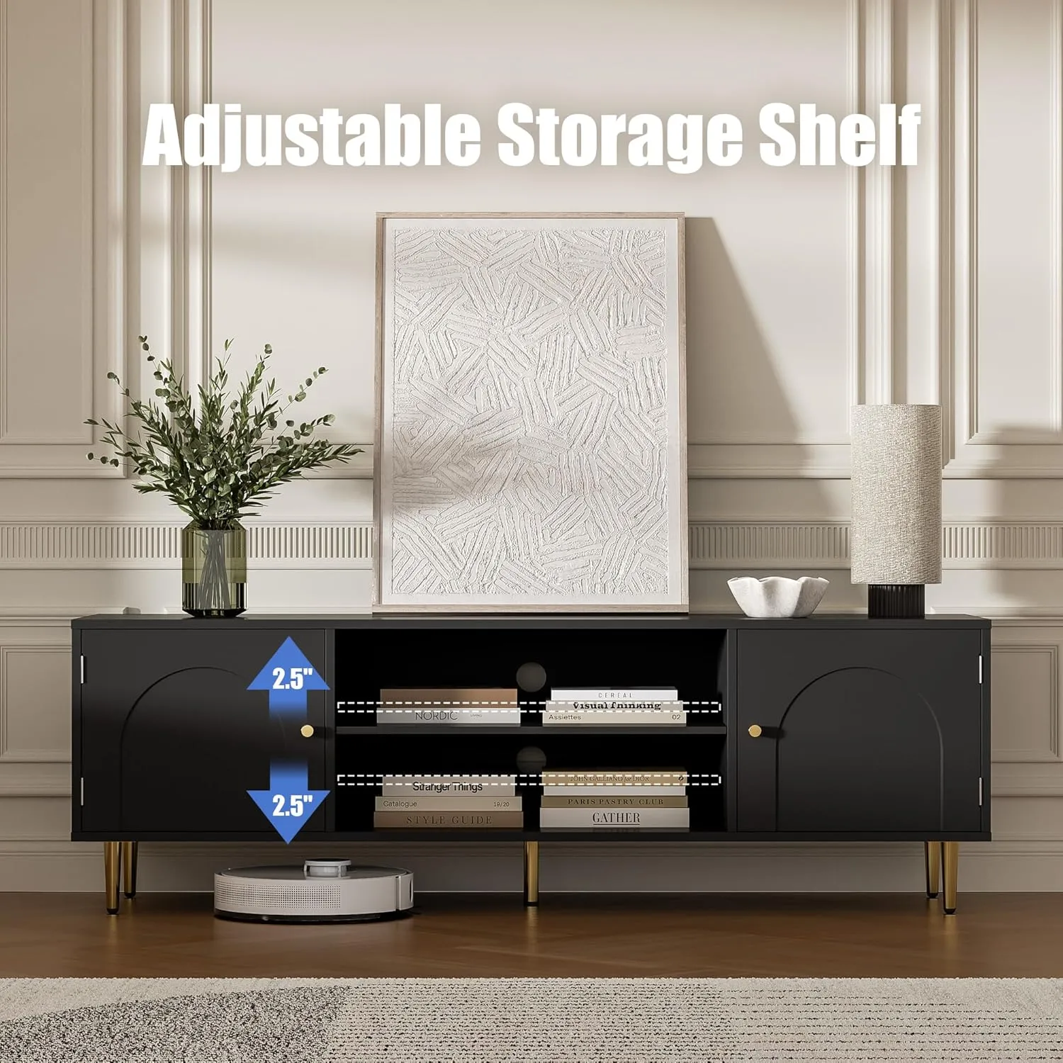 Modern TV Stand for 50/55/60 inch TV, TV Stand with Doors, Entertainment Center with Adjustable Shelf and Storage Cabinets, TV Media Console for Living Room, Bedroom, Black