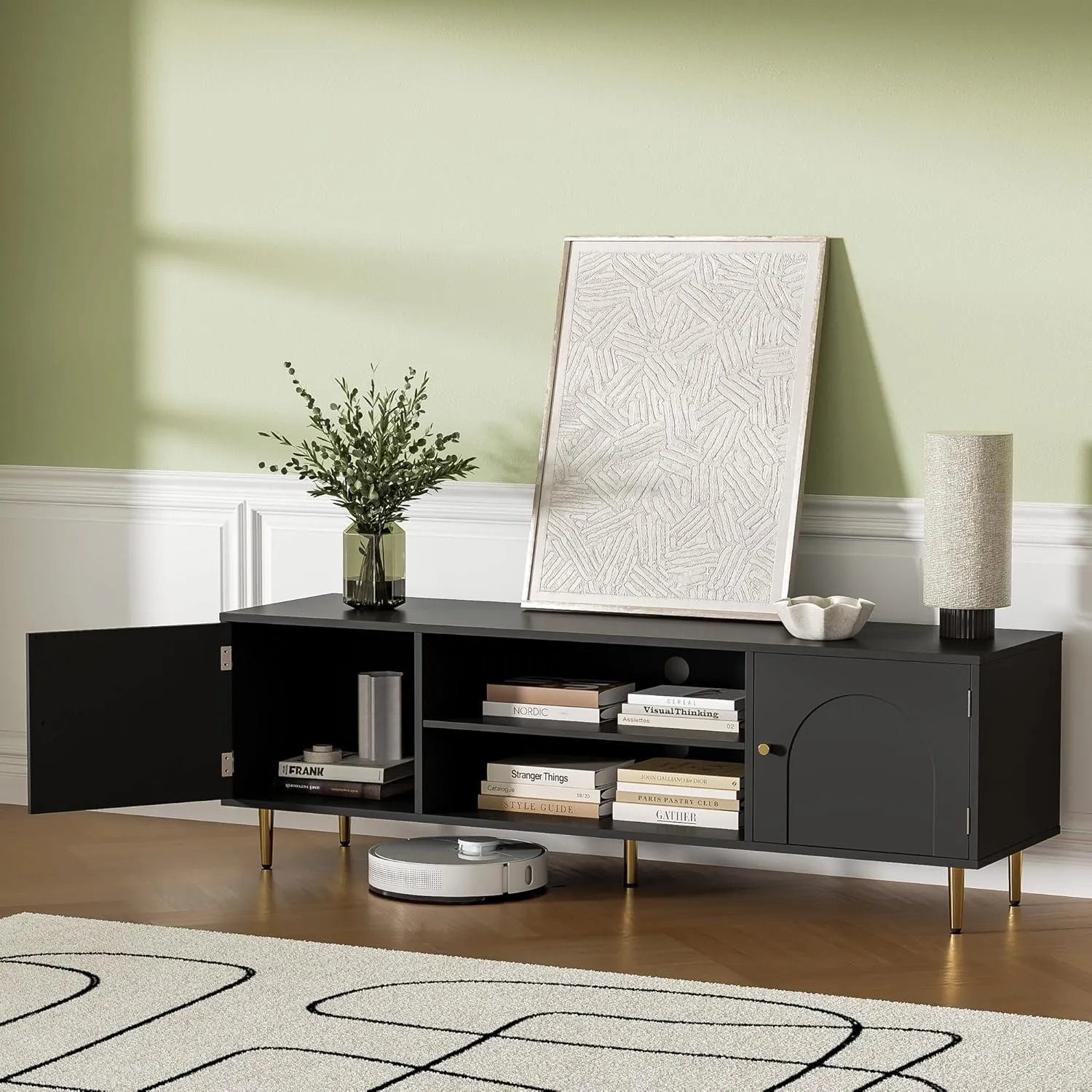 Modern TV Stand for 50/55/60 inch TV, TV Stand with Doors, Entertainment Center with Adjustable Shelf and Storage Cabinets, TV Media Console for Living Room, Bedroom, Black