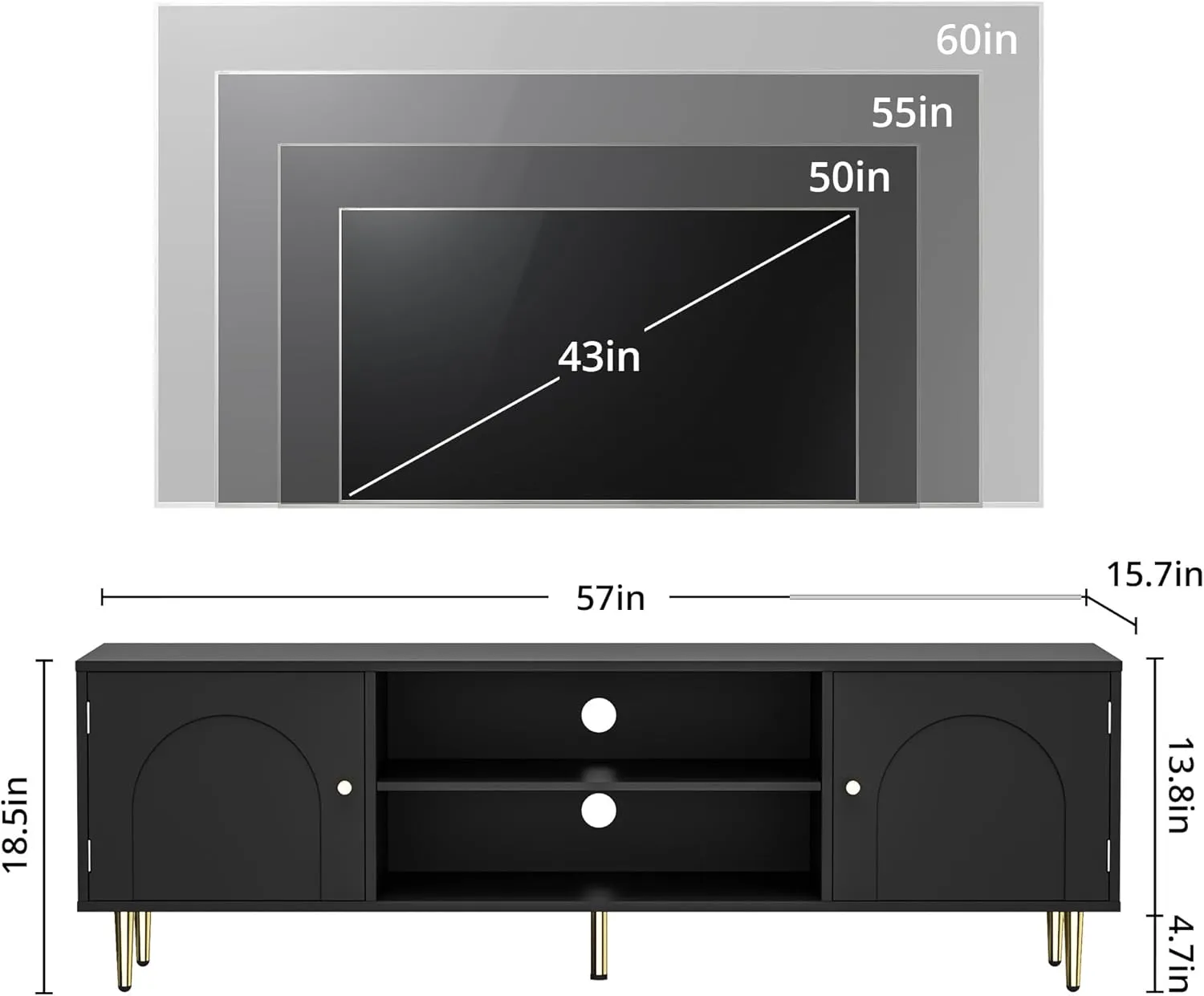 Modern TV Stand for 50/55/60 inch TV, TV Stand with Doors, Entertainment Center with Adjustable Shelf and Storage Cabinets, TV Media Console for Living Room, Bedroom, Black