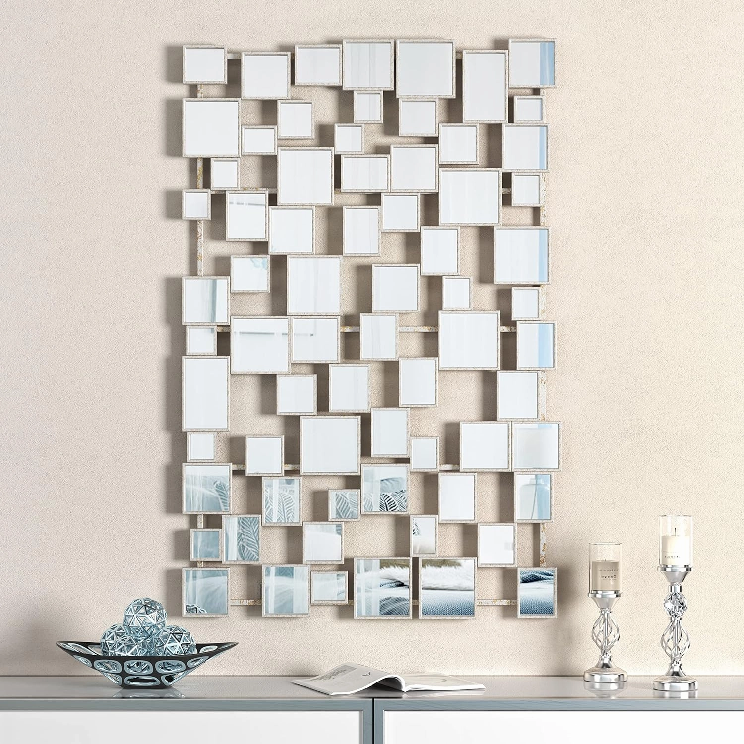 Modern Large Accent Mirror - Silver Decorative Mirror 45×30 Inch Metal Framed Rectangular Wall Mirror for Home Living Rooms Entryways